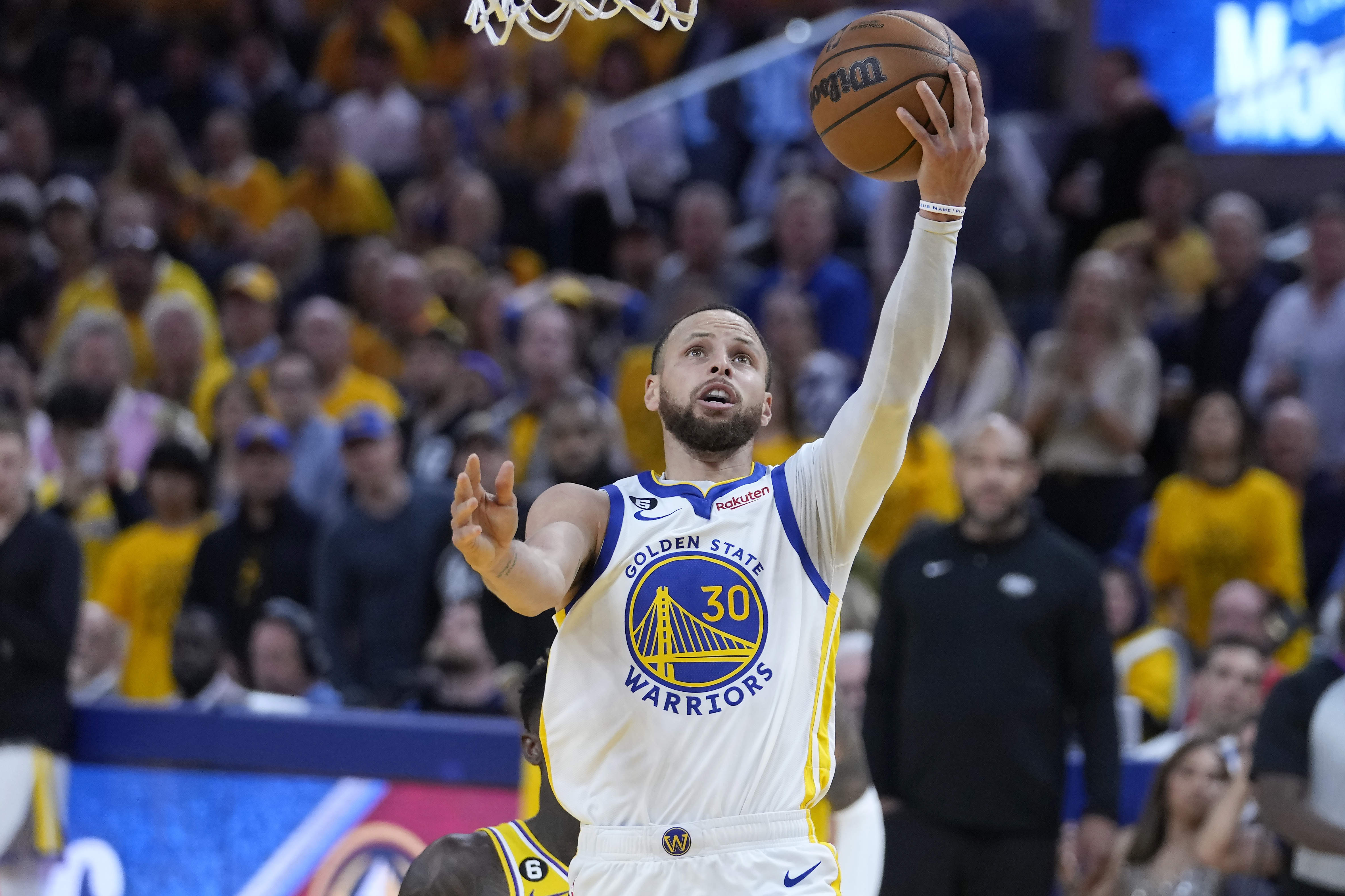 Golden State Warriors guard Stephen Curry shoots against the Los Angeles Lakers during the second half of Game 5 of an NBA basketball second-round playoff series Wednesday, May 10, 2023, in San Francisco.