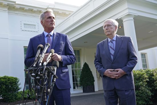 House Speaker Kevin McCarthy of Calif., left, standing next to Senate Minority Leader Mitch McConnell of Ky., right, speaks to reporters outside of the West Wing of the White House in Washington, Tuesday following a meeting with President Joe Biden on the debt limit.