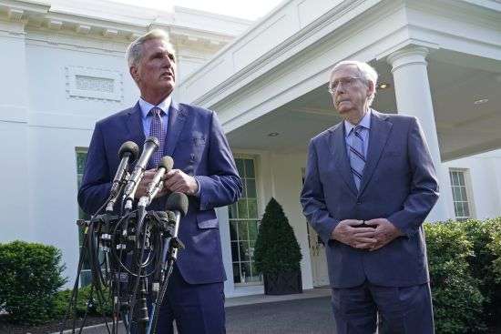 House Speaker Kevin McCarthy of Calif., left, standing next to Senate Minority Leader Mitch McConnell of Ky., right, speaks to reporters outside of the West Wing of the White House in Washington, Tuesday following a meeting with President Joe Biden on the debt limit.