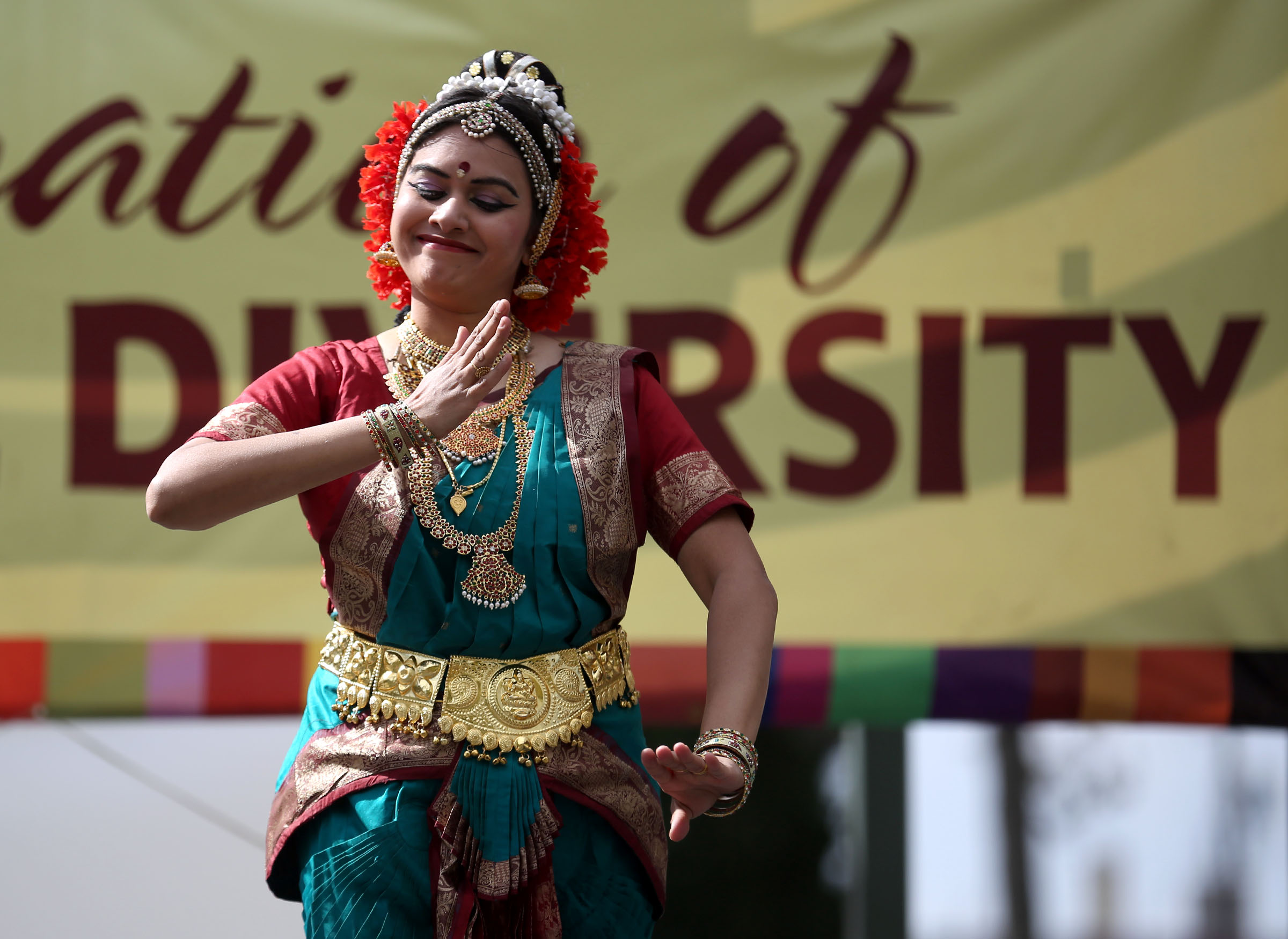 Divya Narayanan performs a classical Indian dance, bharatanatyam, during the Celebration of Cultural Diversity Performing Arts Festival at Pioneer Park in Salt Lake City on Saturday, Sept. 5, 2015.