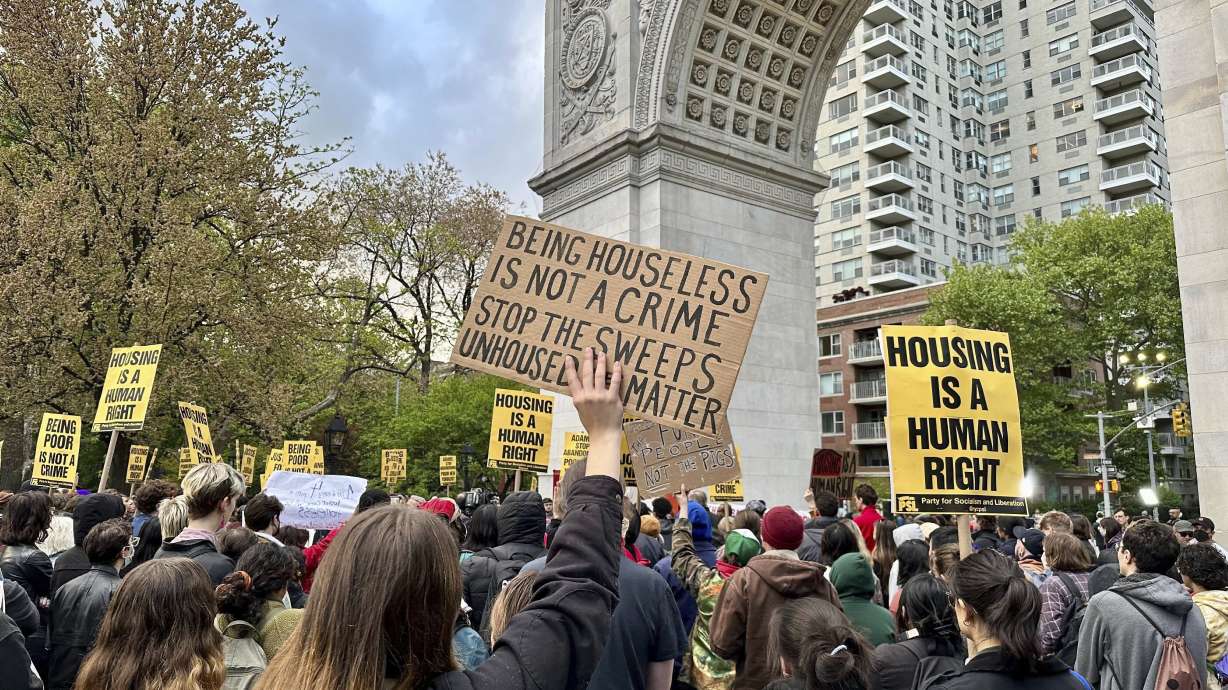 People protest the death of Jordan Neely, May 5 at Washington Square Park in New York. Neely died May 1, when a fellow rider pulled him to the floor and pinned him with a hold taught in Marine combat training.