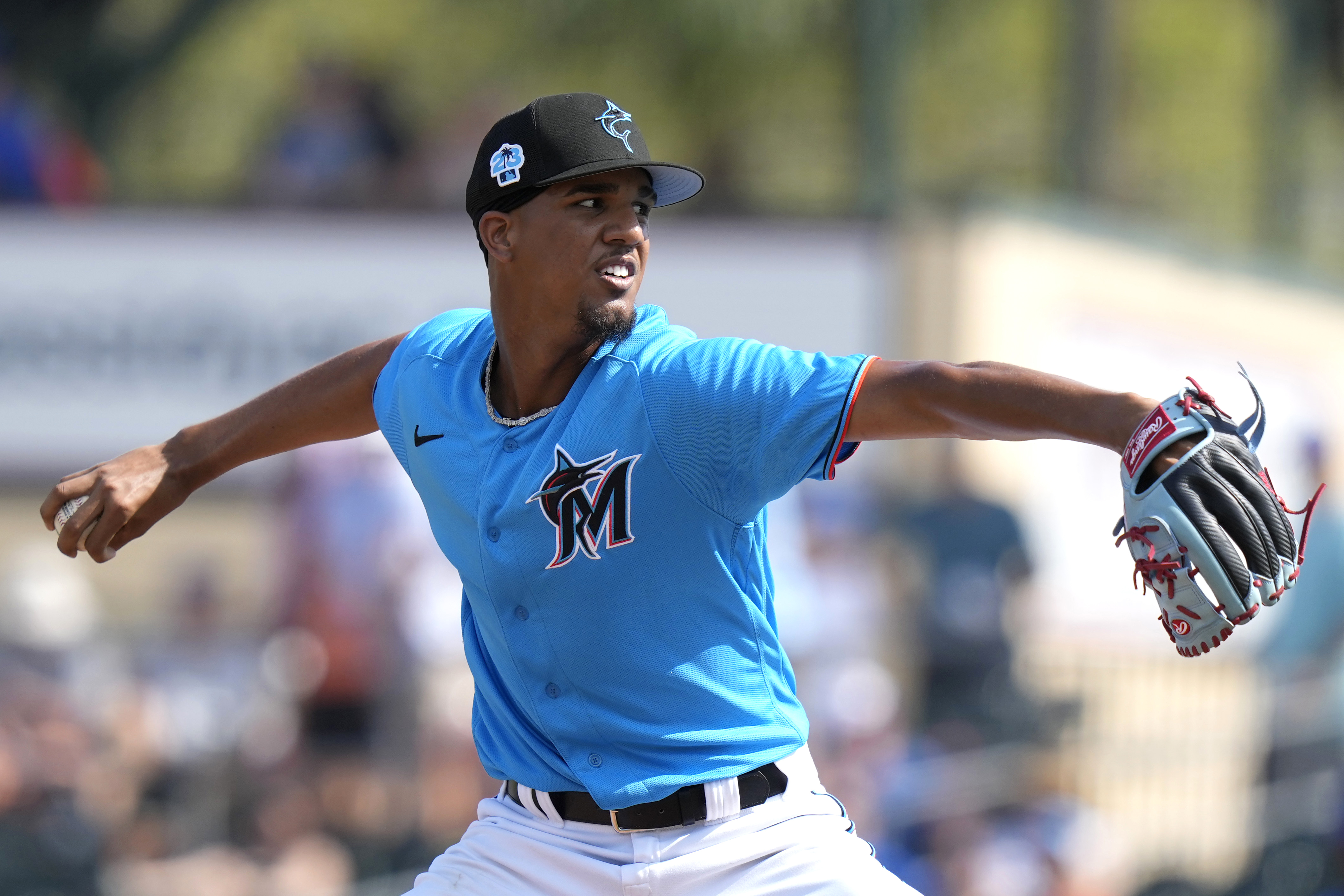 FILE -Miami Marlins relief pitcher Eury Perez throws during the sixth inning of a spring training baseball game against the New York Mets, Saturday, March 4, 2023, in Jupiter, Fla. Miami's top prospect Eury Pérez will make his Major League debut Friday, May 12, 2023 when the Marlins host Cincinnati.