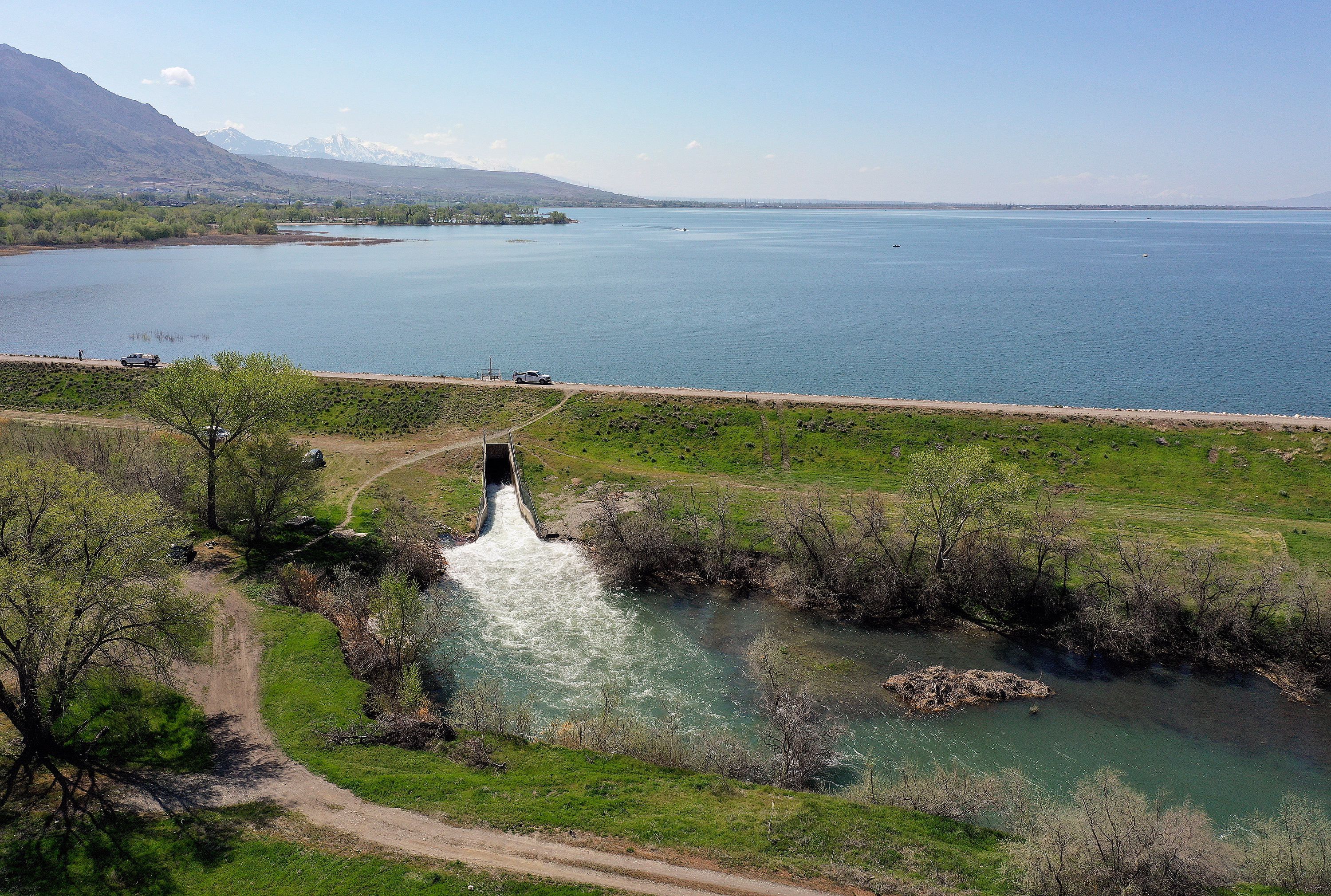 The Willard Bay spillway gates are opened for flood mitigation in Box Elder County on Thursday.