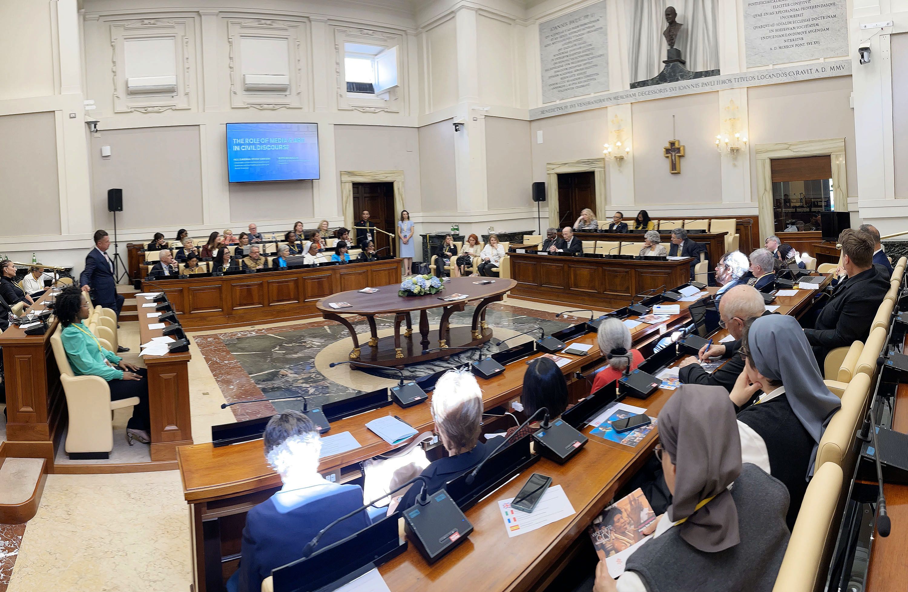 DMC CEO Keith McMullin speaks during a Deseret Management Corporation partnered symposium on the “Role of News, Media and Art in Society” at the Vatican in Rome on Thursday.