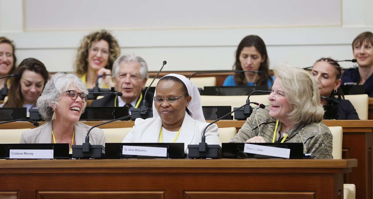 DMC executive vice president Sheri Dew, right, participates on a panel with Cristiane Murray and Sister Jane Wakahiu during a Deseret Management Corporation partnered symposium on the “Role of Media and Art in Society” at the Vatican in Rome on Thursday.