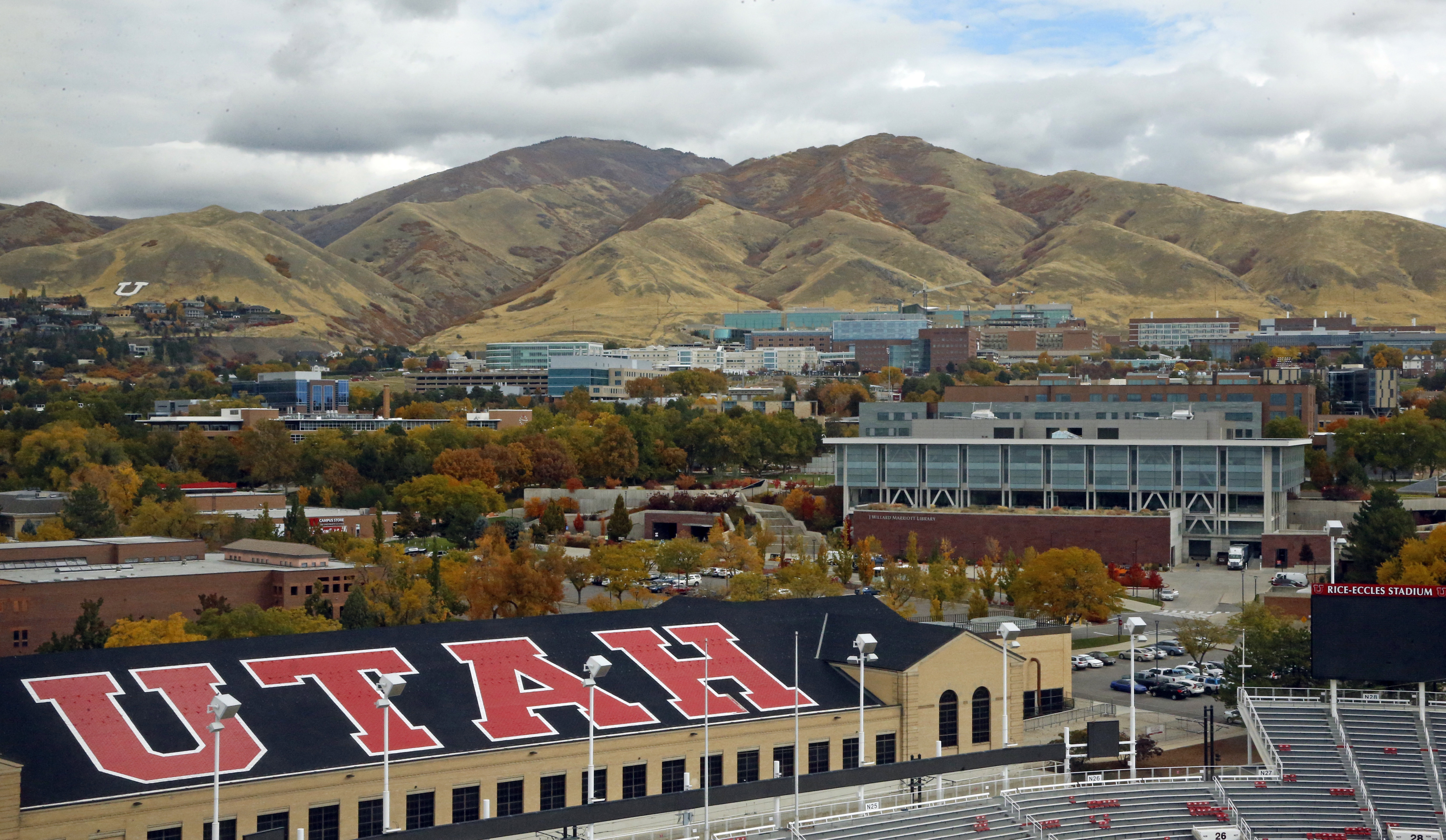 FILE - The University of Utah campus is viewed from Rice-Eccles Stadium in Salt Lake City, Utah, Oct. 23, 2018. A former University of Utah diver Ben Smyth has been arrested and charged with raping a young woman last fall in a dorm room. In charging documents, detectives say Smyth acknowledged the woman was in pain during the encounter and later fled to Canada upon learning that he was being investigated for rape. The Salt Lake County District Attorney said on Friday, May 12, 2023, that Smyth had returned to the United States.