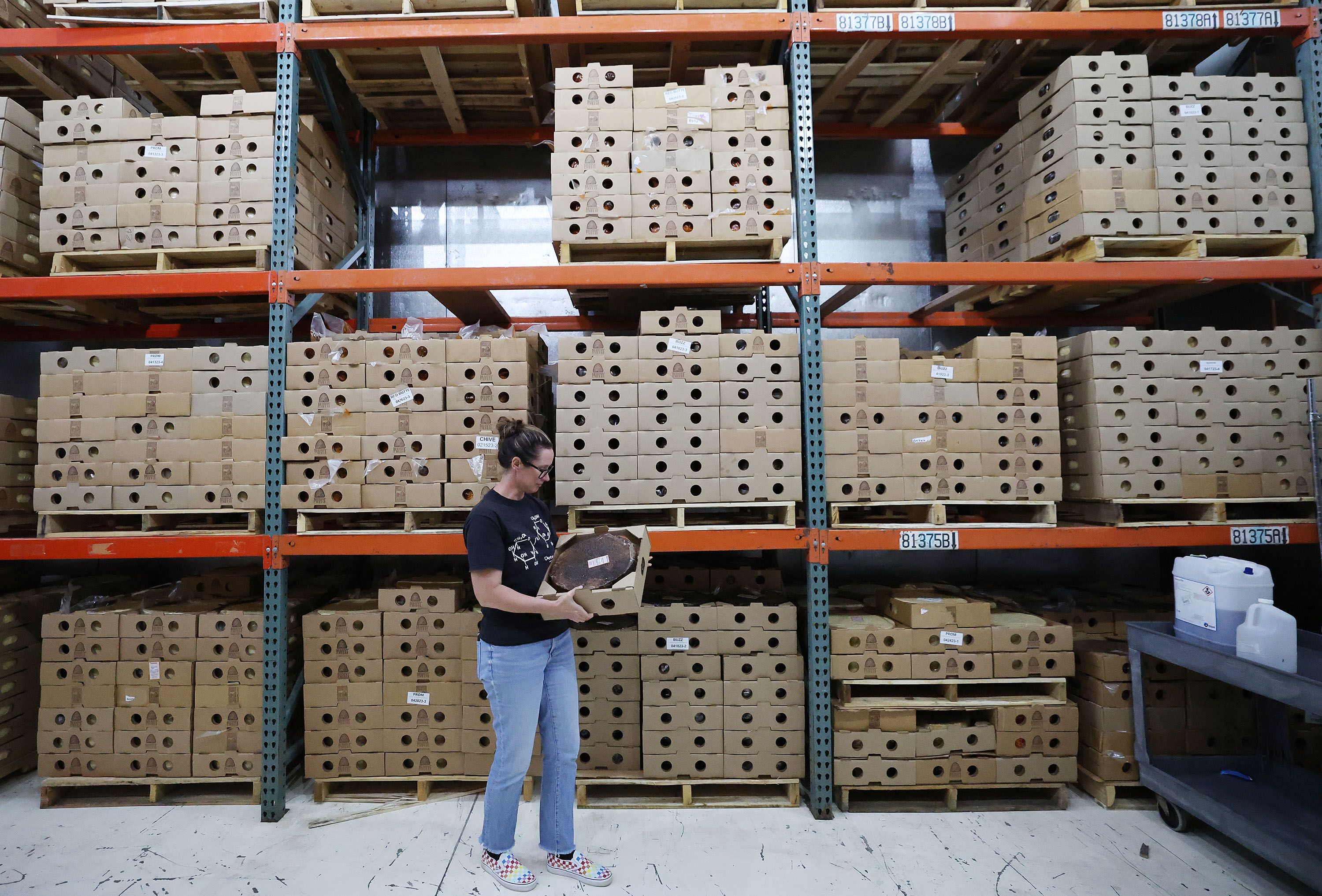 Katie Schall looks at the aged cheese at Beehive Cheese, a second generation family-owned business, in Uintah, Weber County, on May 2.