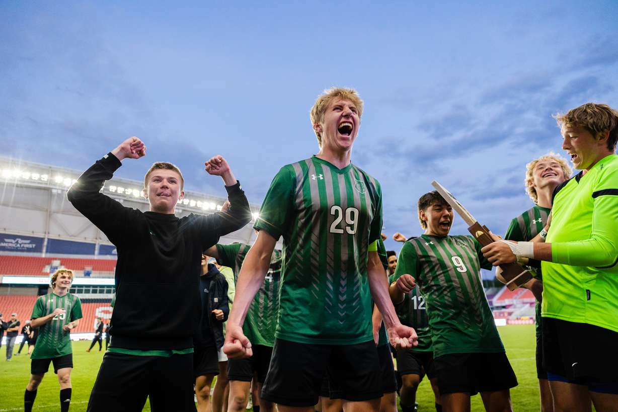 Green Canyon’s Brayden Jensen (29) cheers after winning the 4A boys soccer quarterfinals at America First Field in Sandy on May 12, 2023.