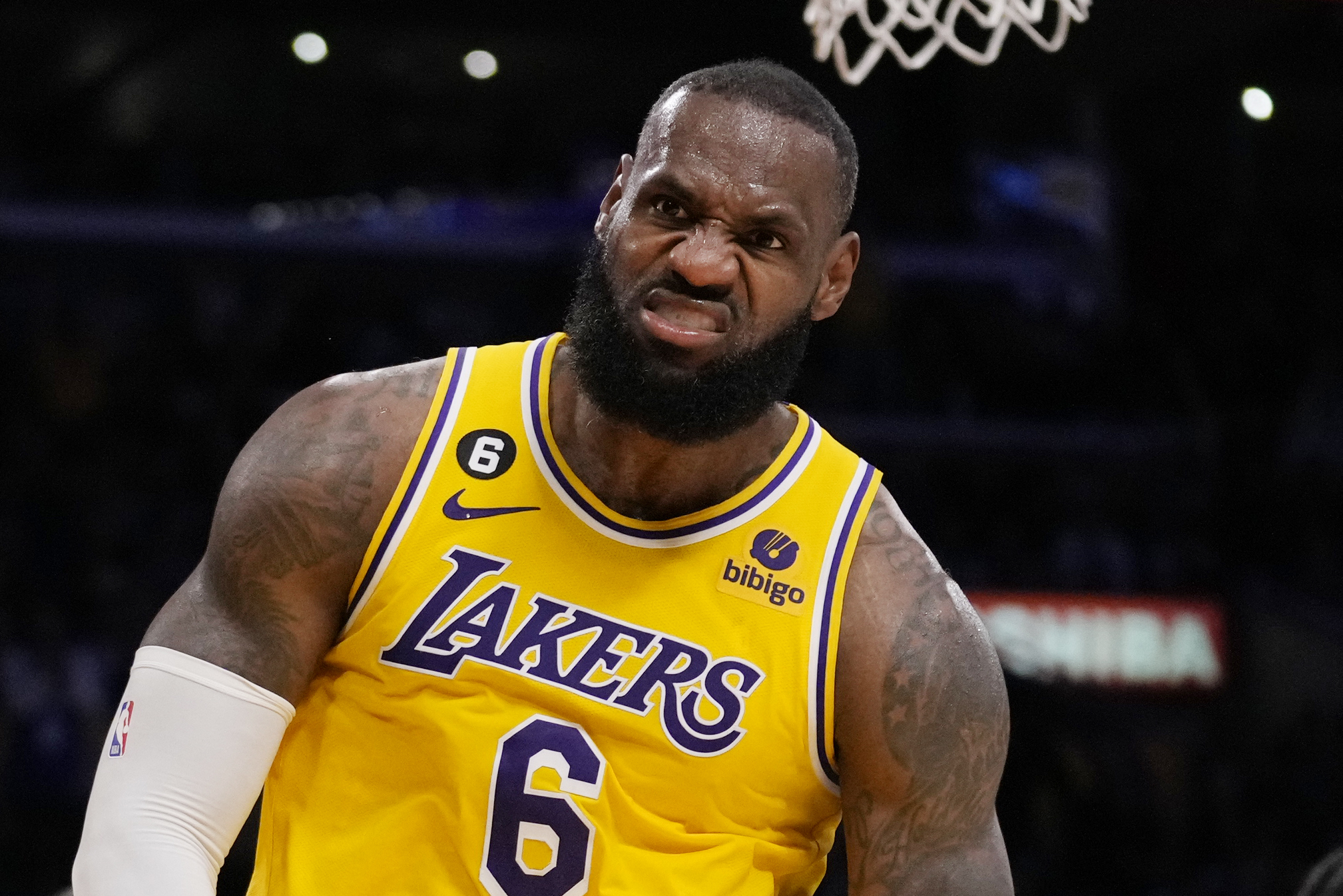 Los Angeles Lakers forward LeBron James (6) reacts after scoring during the second half in Game 6 of an NBA basketball Western Conference semifinal series against the Golden State Warriors Friday, May 12, 2023, in Los Angeles. 