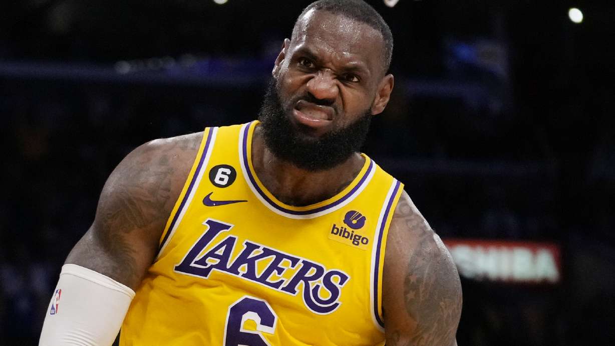 Los Angeles Lakers forward LeBron James (6) reacts after scoring during the second half in Game 6 of an NBA basketball Western Conference semifinal series against the Golden State Warriors Friday, May 12, 2023, in Los Angeles.