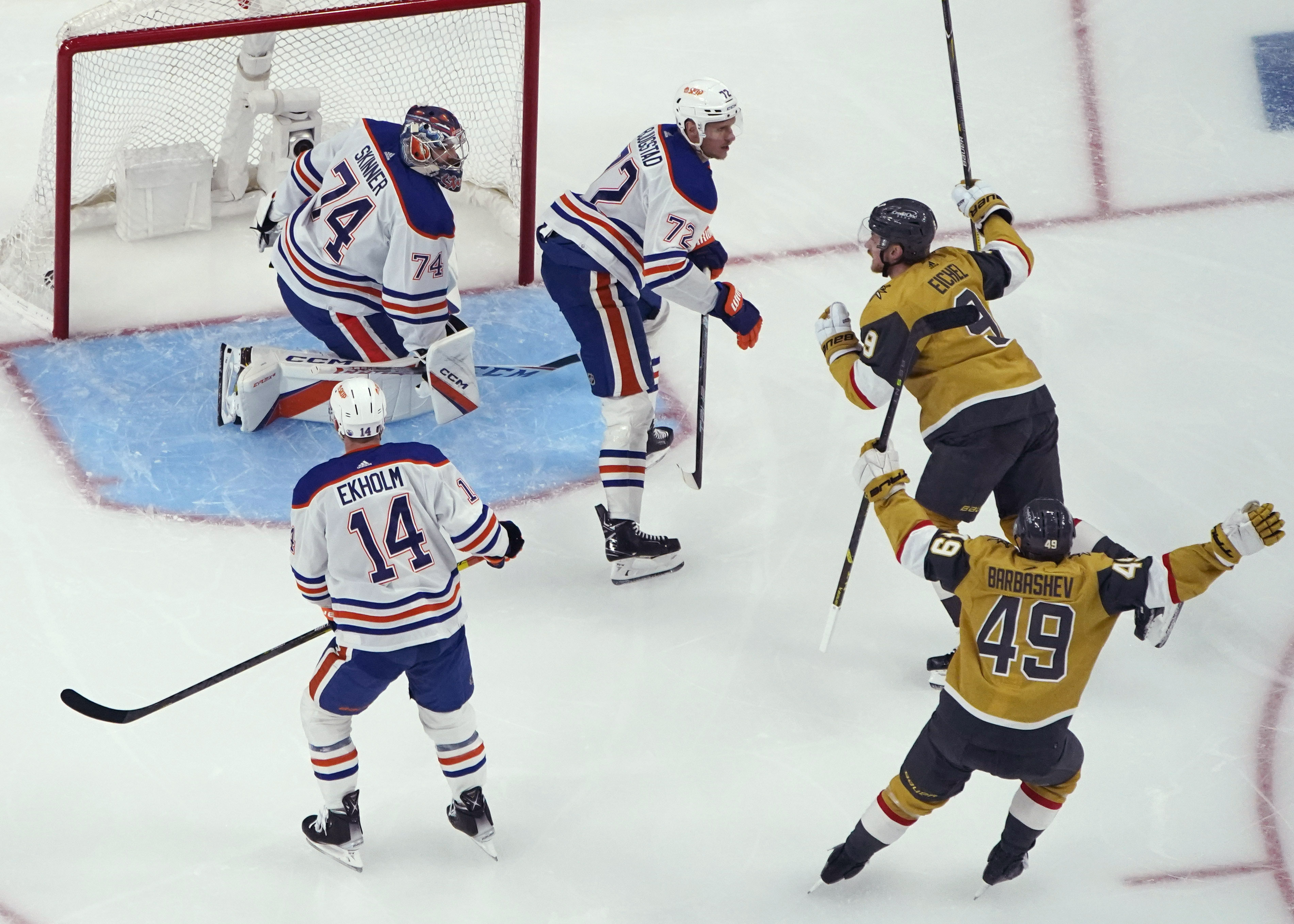 Vegas Golden Knights center Jack Eichel (9) celebrates after scoring against Edmonton Oilers goaltender Stuart Skinner (74) during the first period of Game 5 of an NHL hockey Stanley Cup second-round playoff series Friday, May 12, 2023, in Las Vegas. 