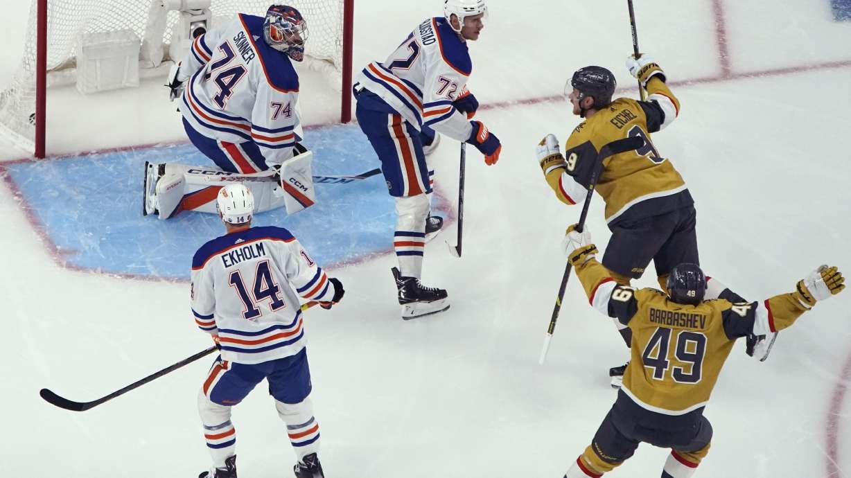 Vegas Golden Knights center Jack Eichel (9) celebrates after scoring against Edmonton Oilers goaltender Stuart Skinner (74) during the first period of Game 5 of an NHL hockey Stanley Cup second-round playoff series Friday, May 12, 2023, in Las Vegas.