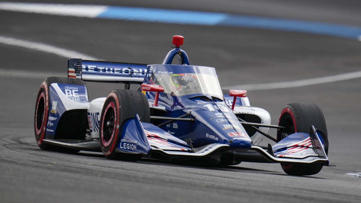 Alex Palou, of Spain, drives through a turn during the IndyCar auto race at Indianapolis Motor Speedway in Indianapolis, Saturday, May 13, 2023.