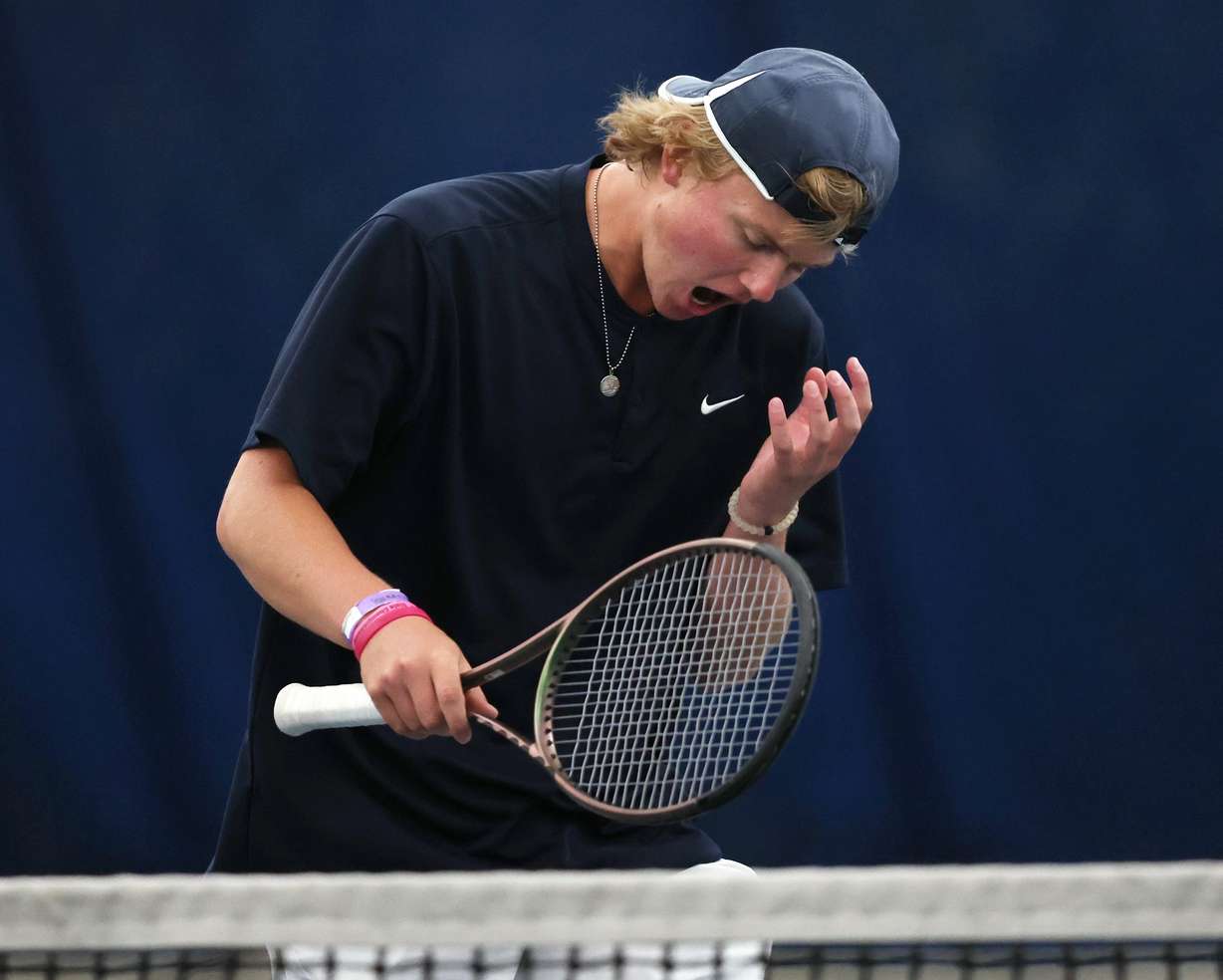 Brighton's Ford Owen celebrates a point against Alta's Griffin Schroeder in the 5A high school tennis championships at Salt Lake Tennis on Saturday, May 13, 2023.