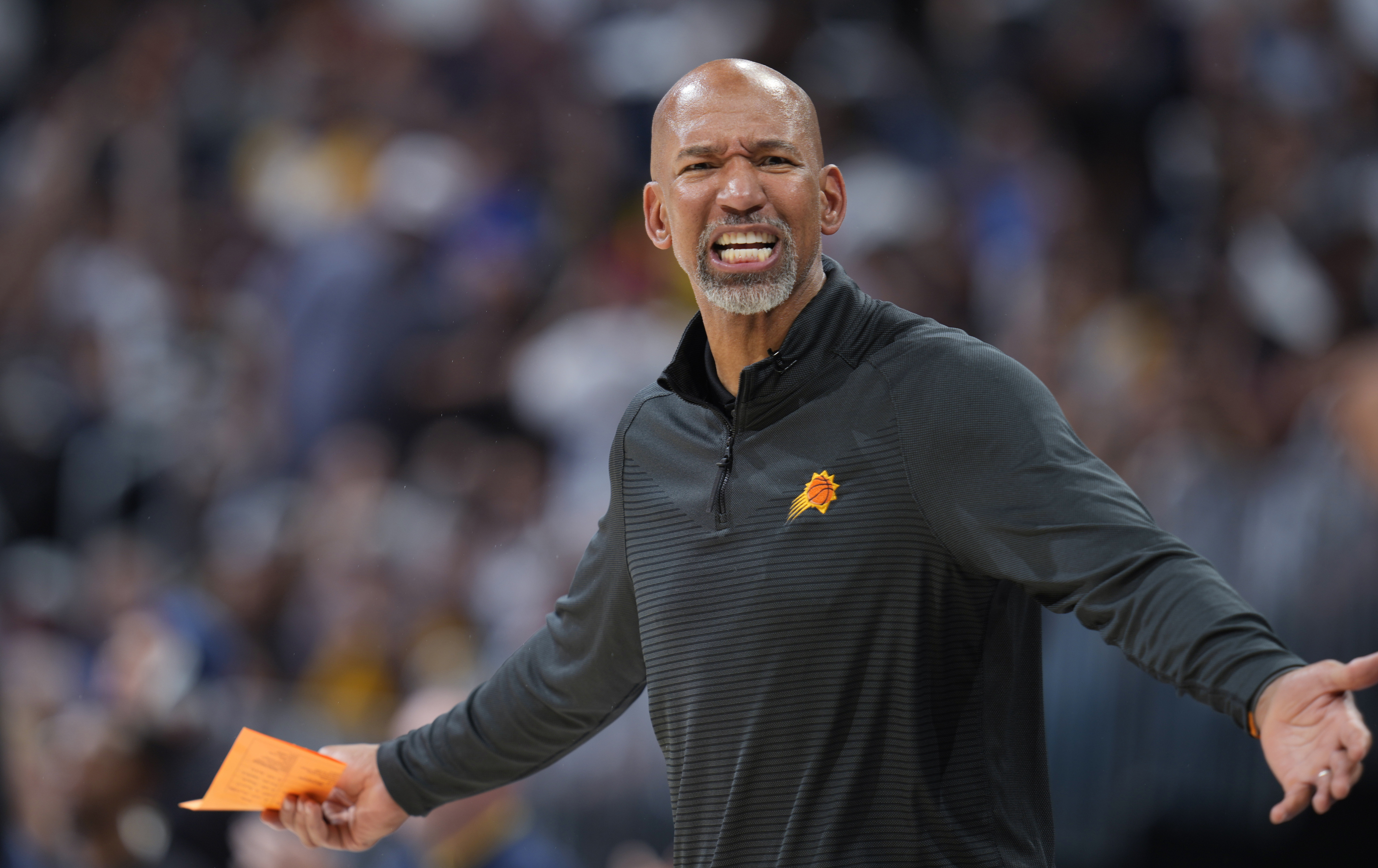 Phoenix Suns coach Monty Williams argues for a call during the second half of Game 5 of the team's NBA Western Conference basketball semifinal playoff series against the Denver Nuggets on Tuesday, May 9, 2023, in Denver. 
