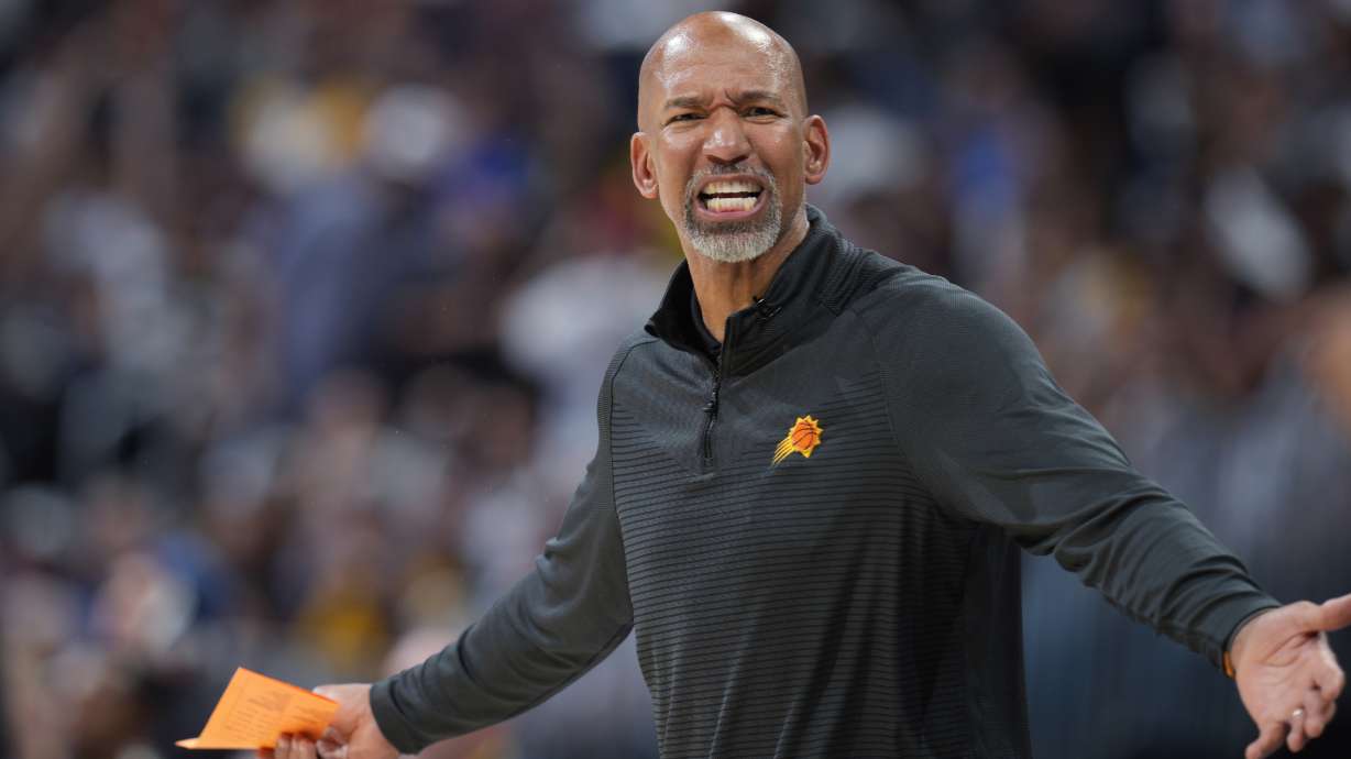 Phoenix Suns coach Monty Williams argues for a call during the second half of Game 5 of the team's NBA Western Conference basketball semifinal playoff series against the Denver Nuggets on Tuesday, May 9, 2023, in Denver.