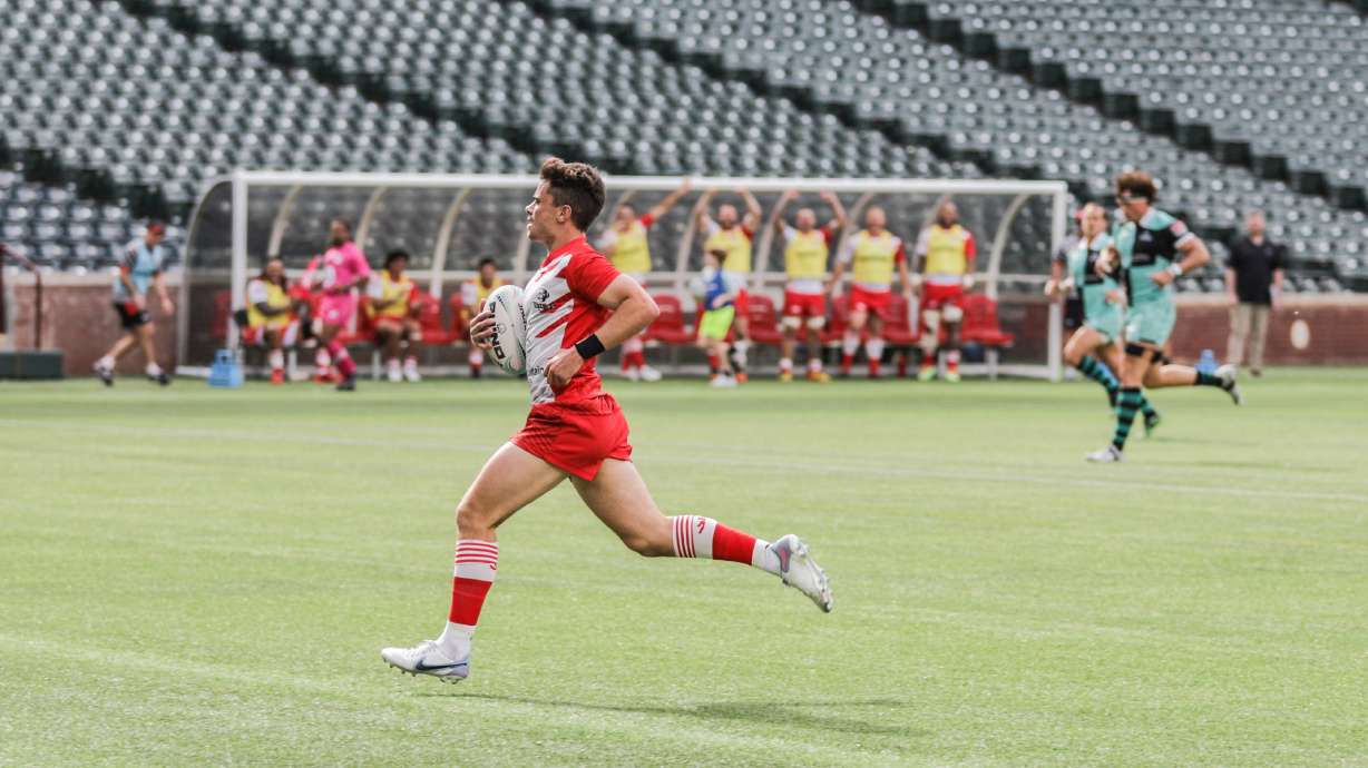 Utah Warriors' Connor McLeod scores one of three first-half tries against the Dallas Jackals, Saturday, May 13, 2023 at Choctaw Stadium in Arlington, Texas.