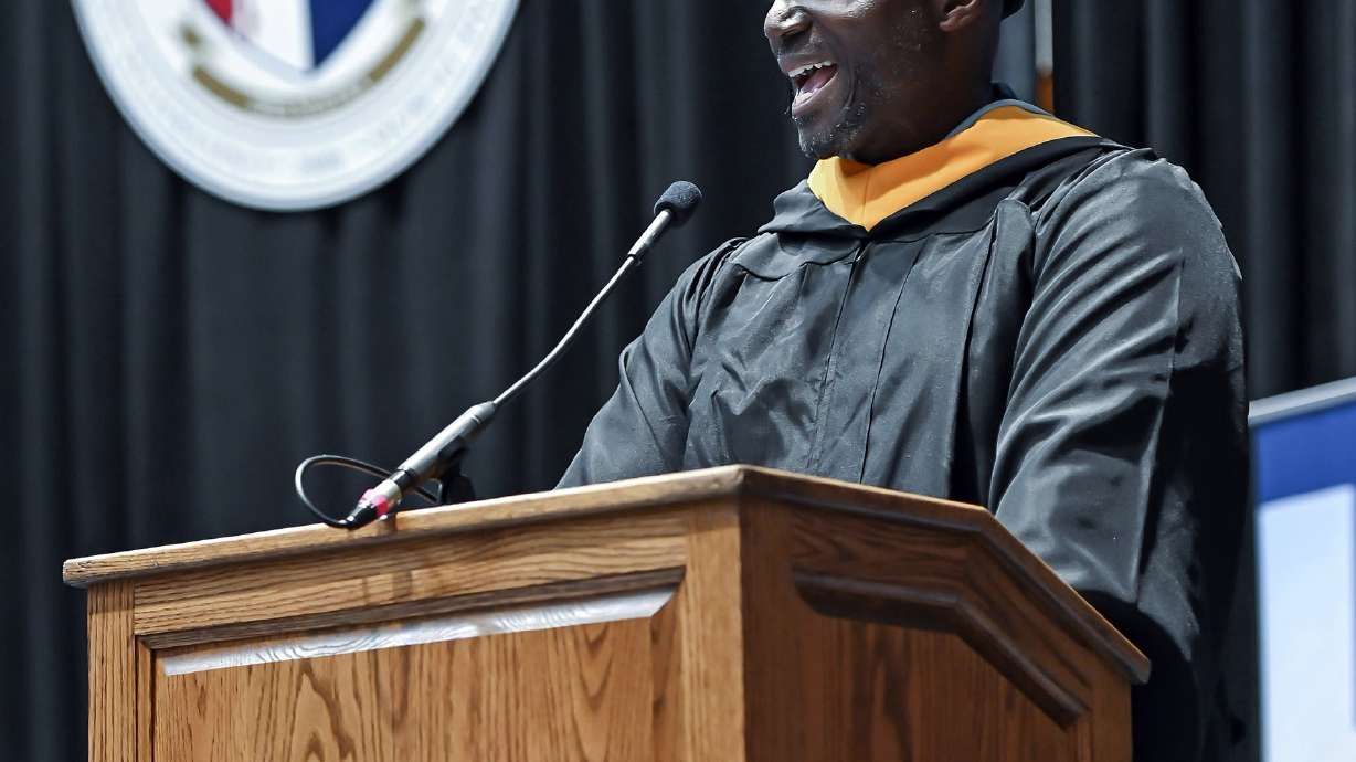 Tampa Bay Buccaneers head coach Todd Bowles speaks to the graduates and crowd at the 215th commencement exercise for of Mount St Mary's University, Saturday, May 13, 2023, in Emmitsburg, Md.. Bowles finished his degree in September of 2022 but wanted to walk the stage on Saturday.