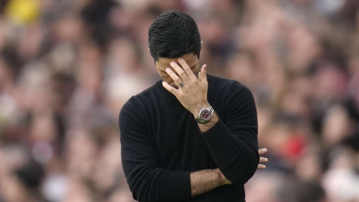 Arsenal's manager Mikel Arteta reacts after Brighton's Julio Enciso scored his side's opening goal during the English Premier League soccer match between Arsenal and Brighton and Hove Albion at Emirates stadium in London, Sunday, May 14, 2023.