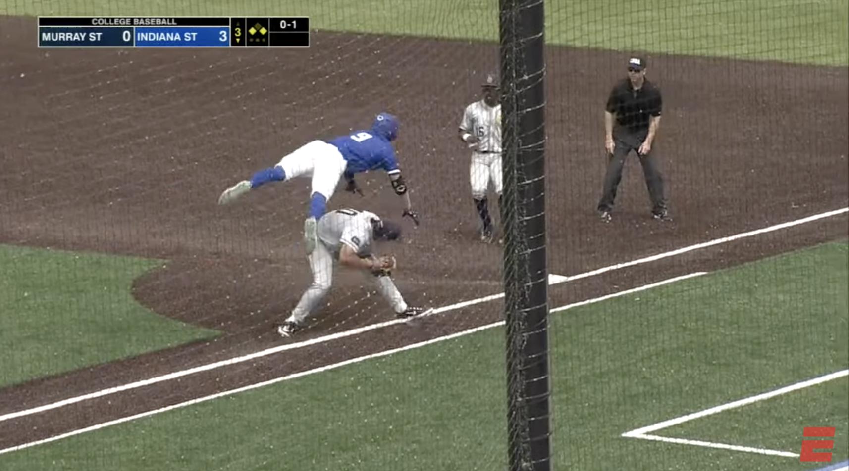 Indiana State outfielder Adam Pottinger leaps over a Murray State pitcher to reach base safely in a game on Saturday.
