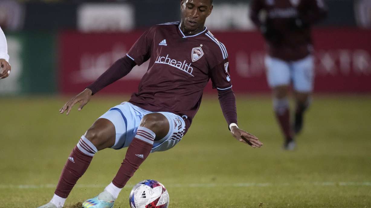 FILE - Colorado Rapids midfielder Max Alves (8) goes for the ball in the first half of an MLS soccer match Saturday, March 18, 2023, in Commerce City, Colo. Goias state District Attorney Fernando Cesconetto, the lead investigator of Brazil’s sprawling soccer match-fixing scandal, said he has uncovered potential evidence of wrongdoing by players in other countries. Cesconetto tells The Associated Press that the case of Rapids' Alves, who was reportedly named in the probe, could be prosecuted in the United States.