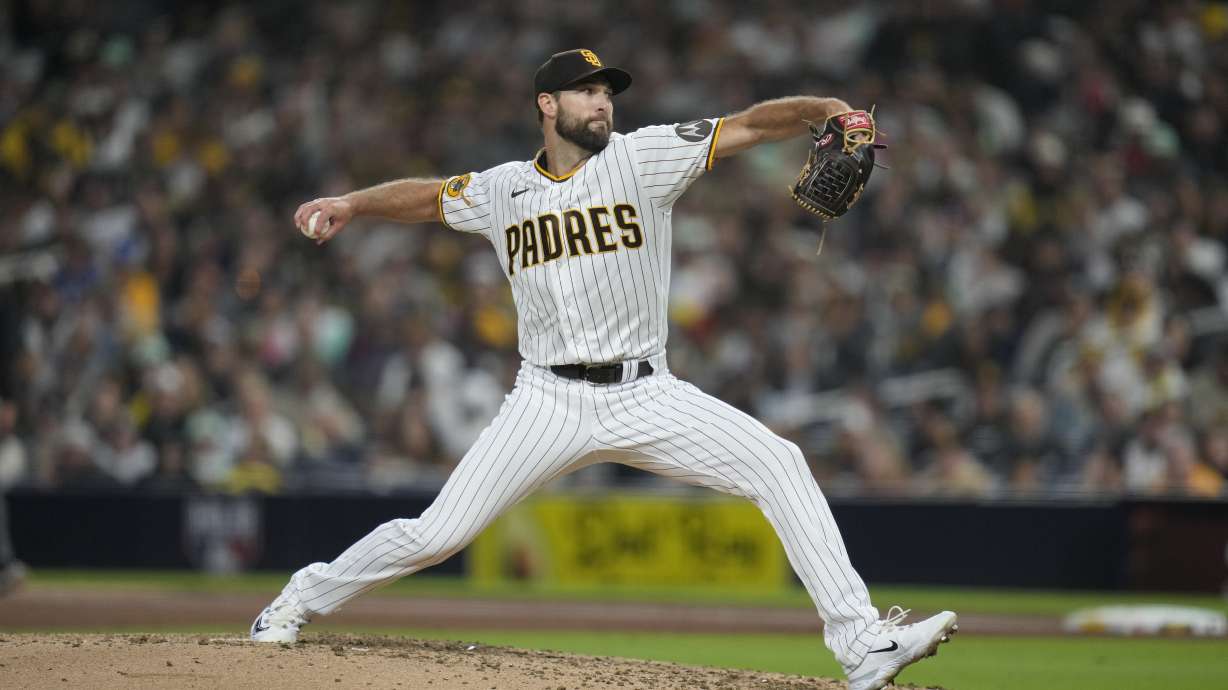 San Diego Padres starting pitcher Michael Wacha works against a Kansas City Royals better during the fifth inning of a baseball game Monday, May 15, 2023, in San Diego.