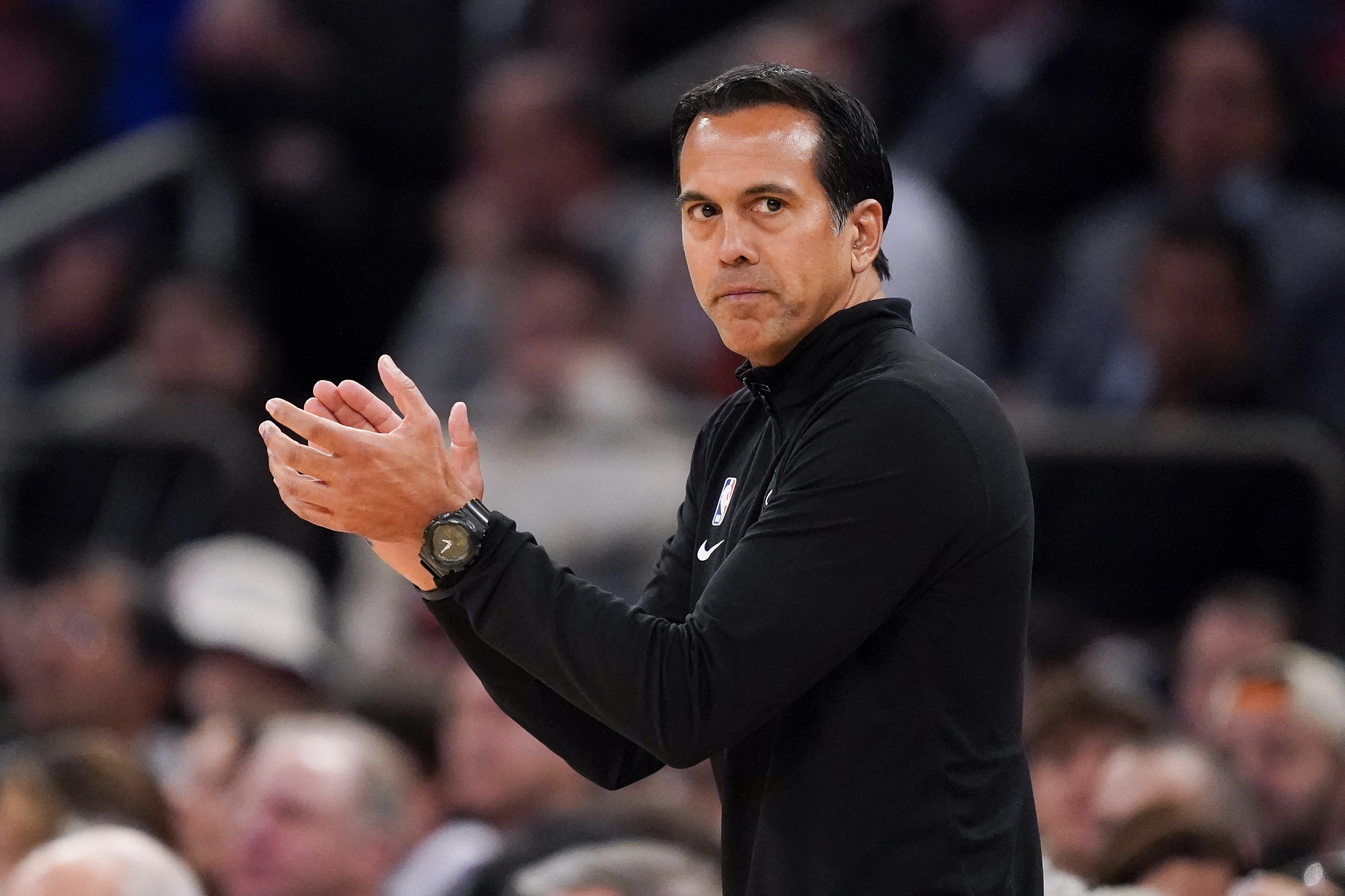 Miami Heat head coach Erik Spoelstra works the bench during the first half of Game 1 in the NBA basketball Eastern Conference semifinals playoff series against the New York Knicks, Sunday, April 30, 2023, in New York. 