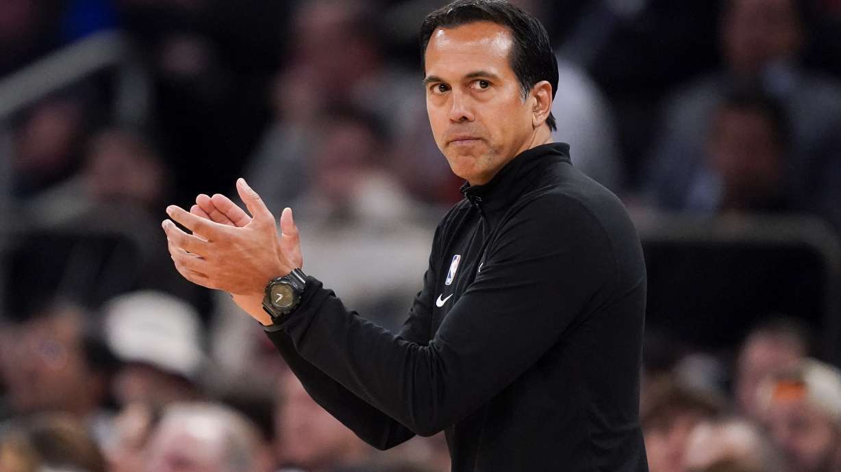 Miami Heat head coach Erik Spoelstra works the bench during the first half of Game 1 in the NBA basketball Eastern Conference semifinals playoff series against the New York Knicks, Sunday, April 30, 2023, in New York.