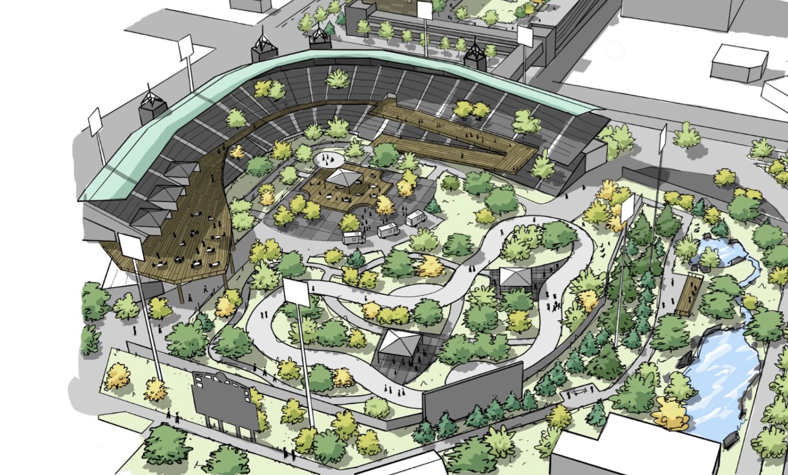 A portion of one of the finalist Ballpark Next designs, drawn by Nicholas Tate Barney and team at Utah State University. The city will announce winners on May 31, after a public vote ends.