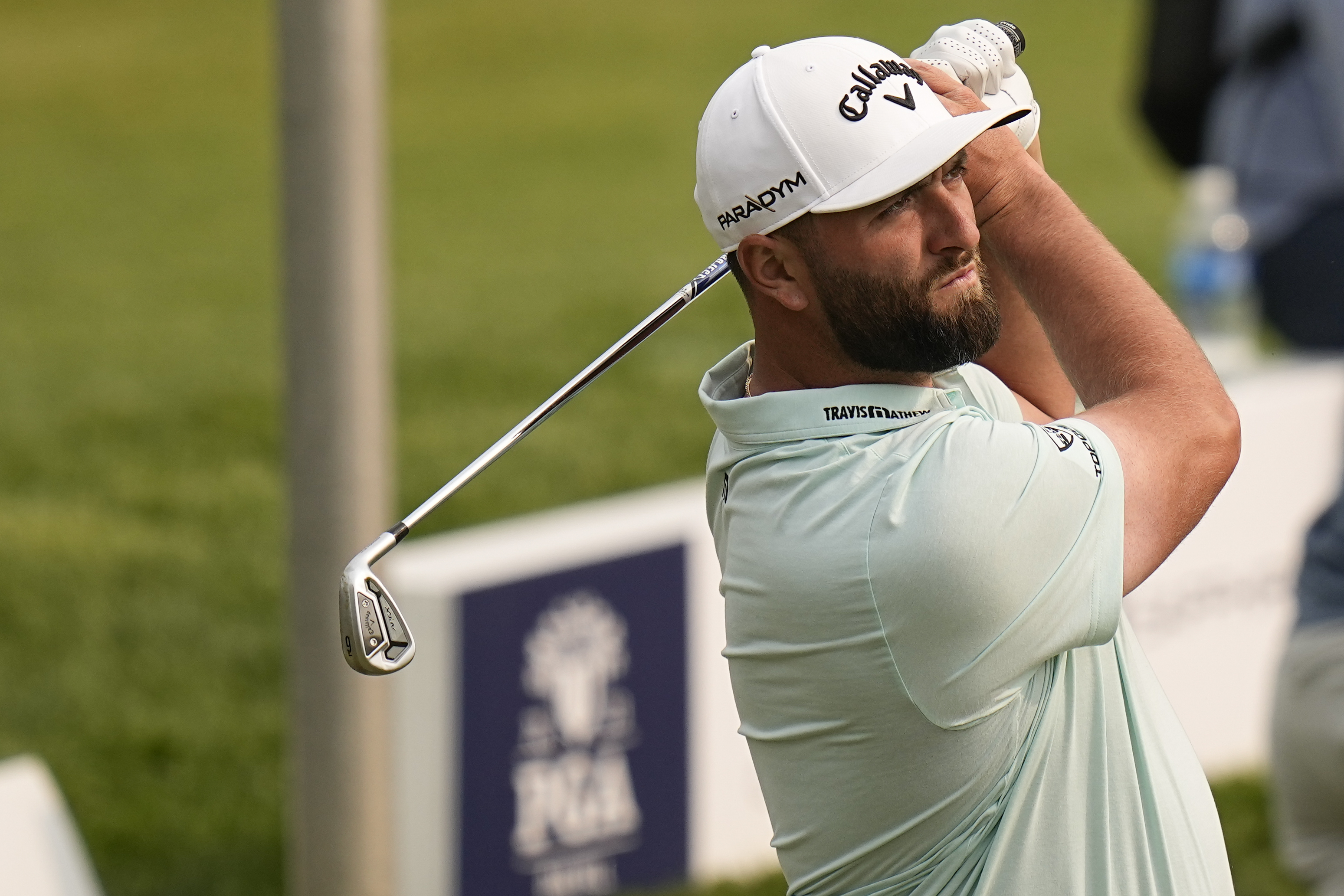Jon Rahm, of Spain, works at the range during a practice round for the PGA Championship golf tournament at Oak Hill Country Club on Tuesday, May 16, 2023, in Rochester, N.Y. 