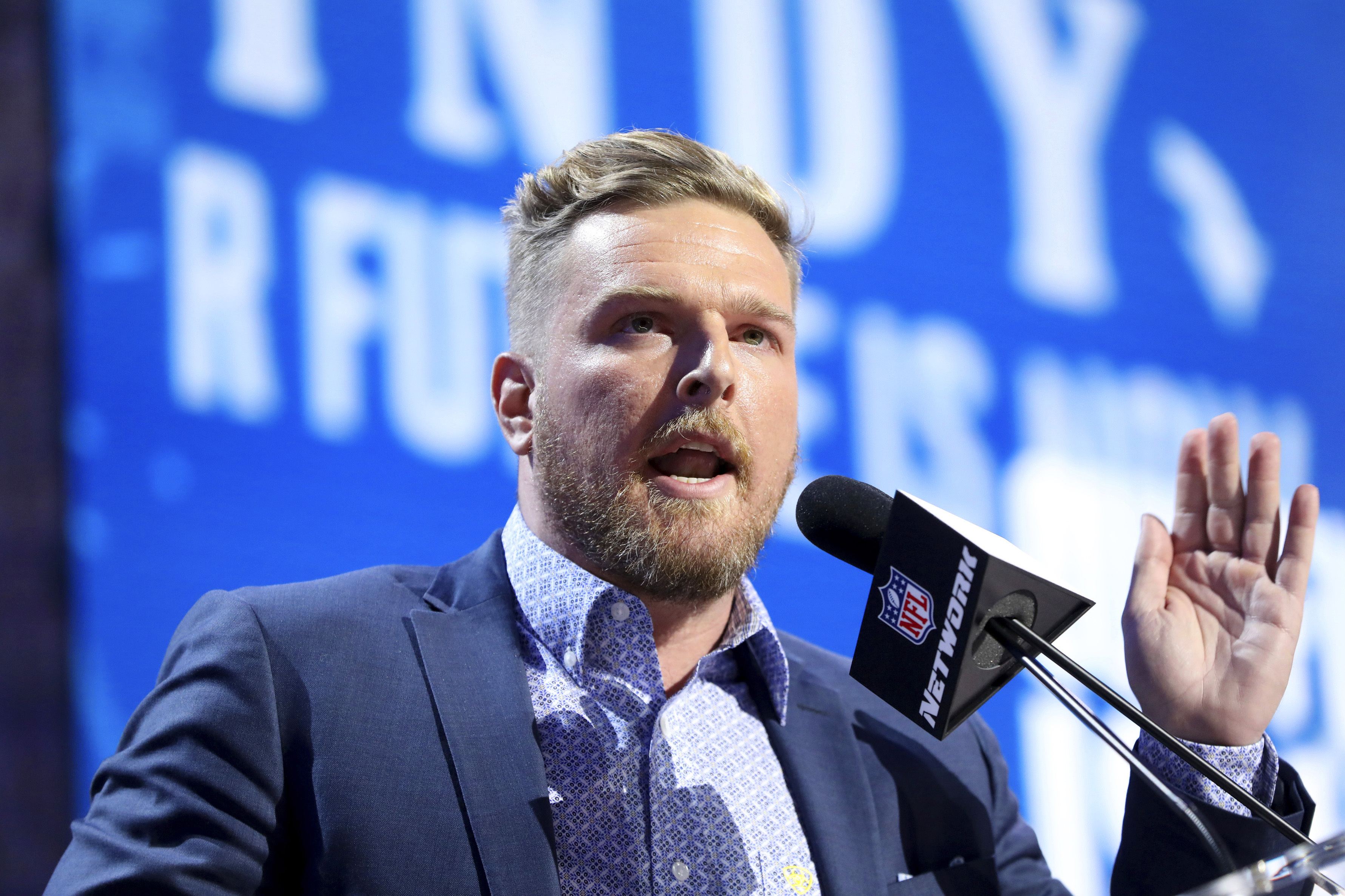 FILE - In this April 26, 2019, file photo, Former Indianapolis Colts player Pat McAfee announces the Colts' third round pick at the NFL football draft, in Nashville, Tenn. Pat McAfee Expands His Multiplatform ESPN Role as The Pat McAfee Show Moves to ESPN in the Fall of 2023