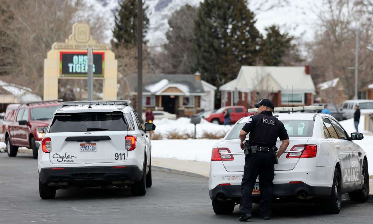 Police maintain a presence after responding to false threats of shots fired at Ogden High School in Ogden on March 29. Police agencies along the Wasatch Front and northern Utah responded to similar reports of school violence on Wednesday morning.