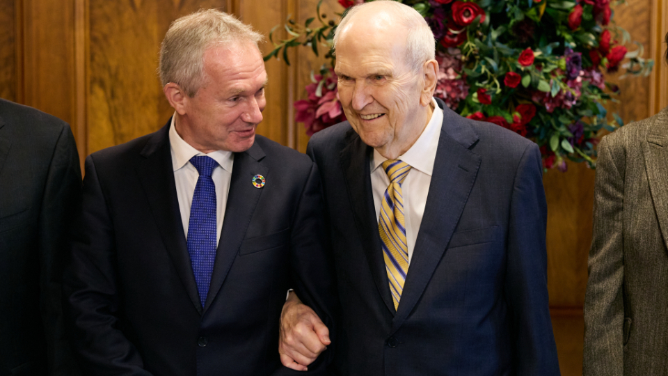 President Russell M. Nelson of The Church of Jesus Christ of Latter-day Saints meets with Csaba Korosi, the president of the United Nations General Assembly, at church headquarters in Salt Lake City on Tuesday.