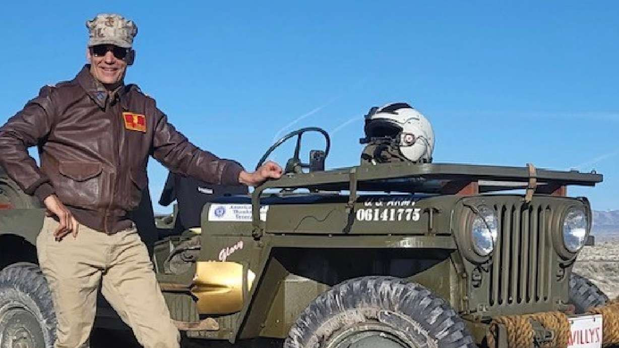 Retired Marine captain Scott Montefusco and his 1952 Willys Jeep. Montefusco is planning to drive the vintage vehicle from San Francisco to New York, starting May 23.