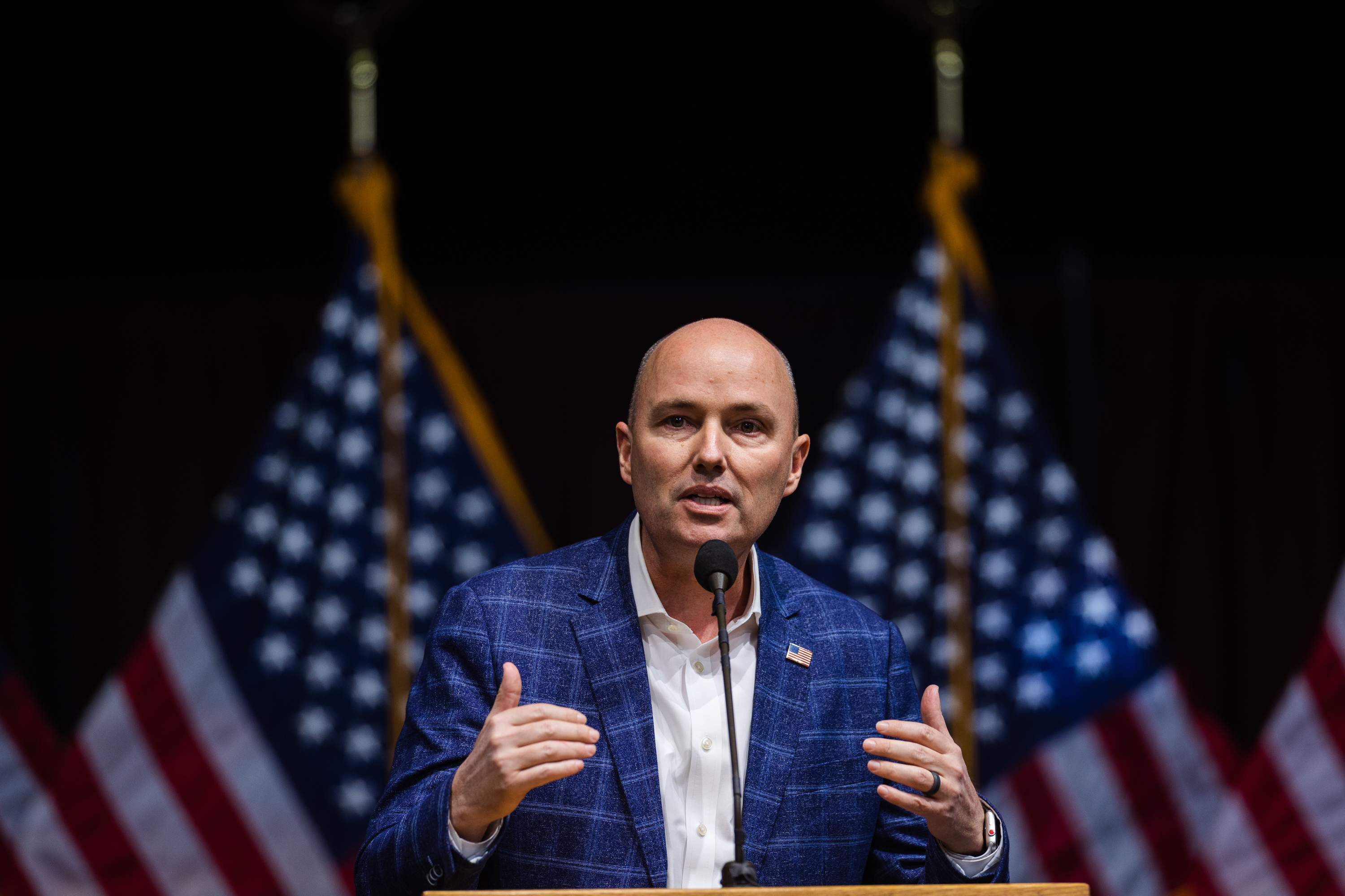 Utah Gov. Spencer Cox speaks at Utah Valley University in Orem on April 22. Cox joined with 23 other Republican governors Tuesday in support of Texas Gov. Greg Abbott's hardline border security policies.