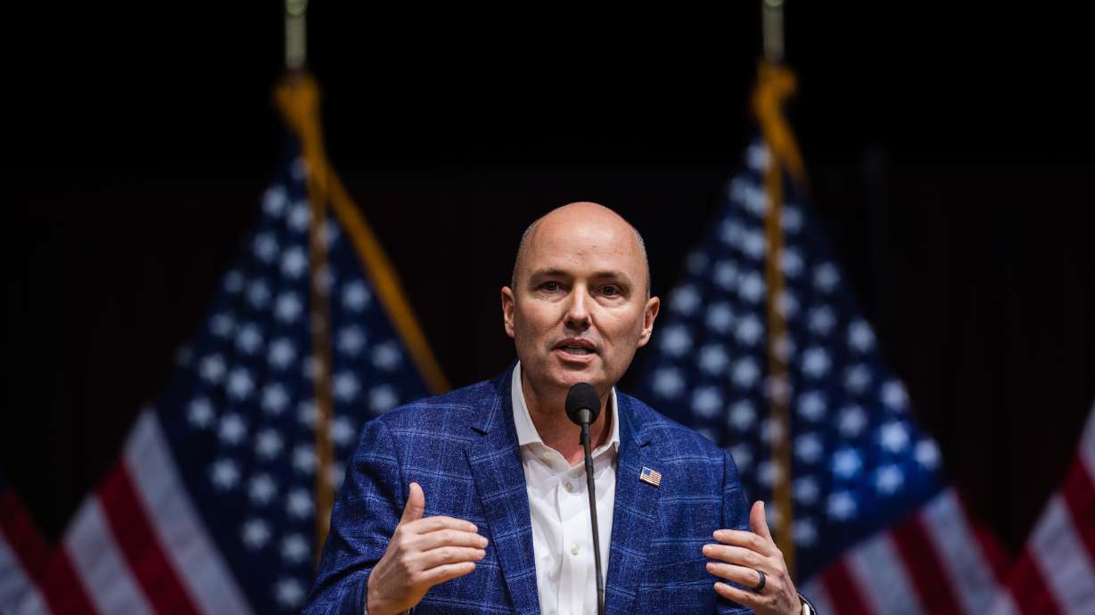 Utah Gov. Spencer Cox speaks during the Utah Republican Party Organizing Convention at Utah Valley University in Orem on April 22. Cox signed a bill Saturday that changes the state's municipal primary and general elections this year.