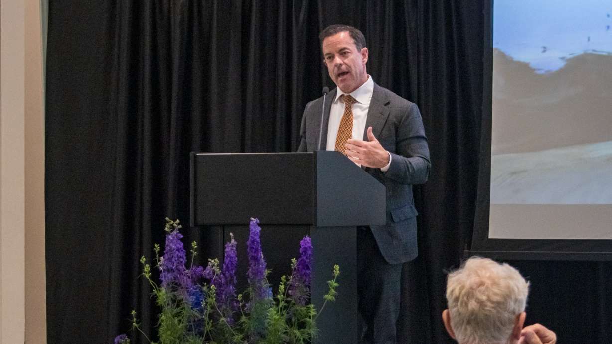 Utah House Speaker Brad Wilson, R-Kaysville, delivers a keynote address at the Wilkes Climate Summit at the University of Utah on Wednesday. Wilson spoke about the ongoing water challenges in the state.