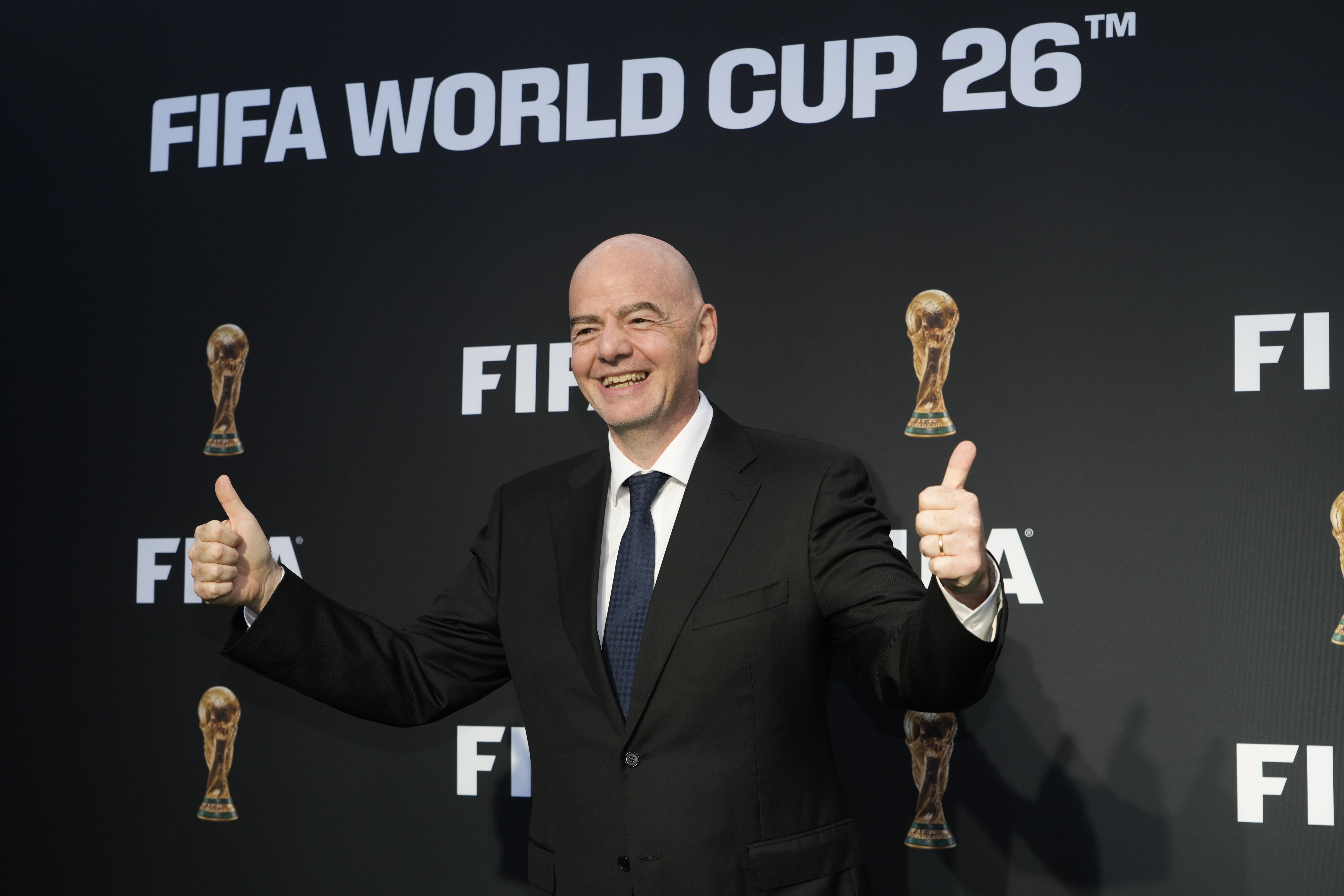 FIFA President Gianni Infantino arrives for a ceremony unveiling the official brand of the 2026 World Cup at the Griffith Observatory in Los Angeles Wednesday, May 17, 2023. 