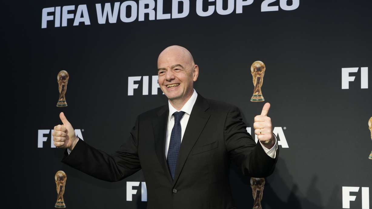 FIFA President Gianni Infantino arrives for a ceremony unveiling the official brand of the 2026 World Cup at the Griffith Observatory in Los Angeles Wednesday, May 17, 2023.