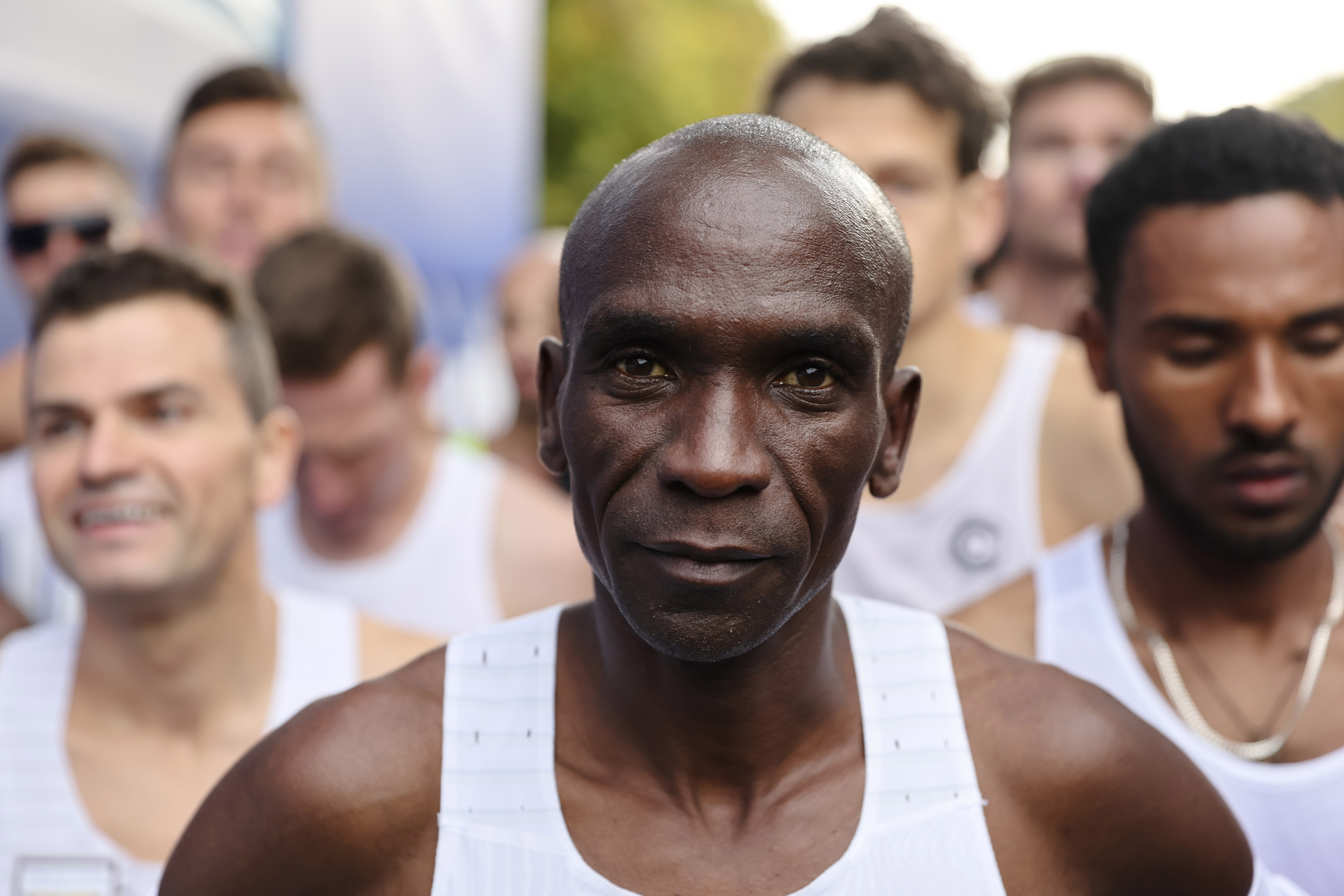 FILE - Eliud Kipchoge, center, waits for the start of the Berlin Marathon in Berlin, Germany, Sunday, Sept. 25, 2022. Kenyan marathon specialist Eliud Kipchoge has won the Princess of Asturias Award for sports for 2023 it was announced on Thursday May 18, 2023. The Spanish foundation that organizes the prizes said that Kipchoge, holder two Olympic gold medals for the marathon, is a legend in world athletics and the best marathon runner of all time. The awards are given out in a ceremony in October. 