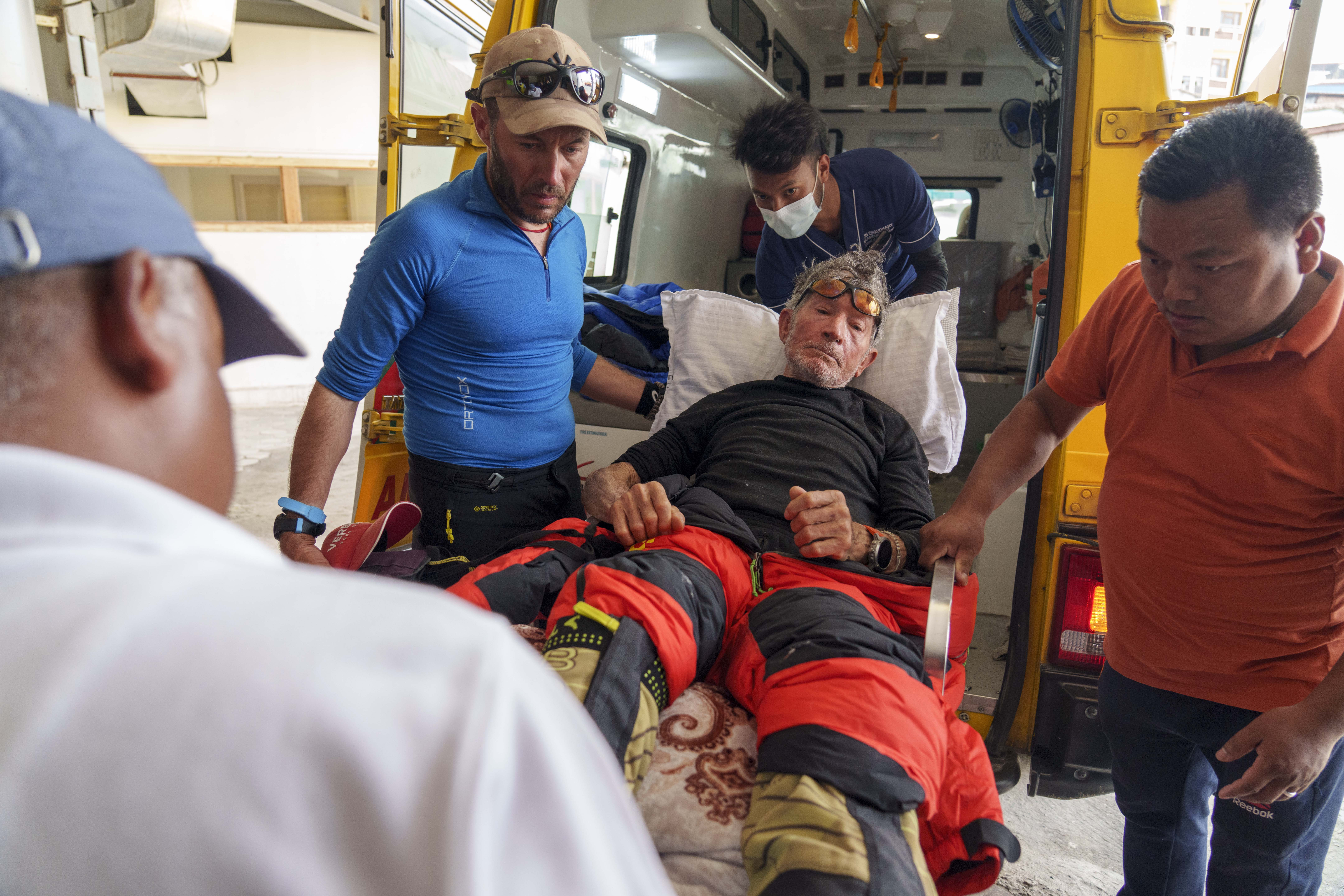 Spanish climber Carlos Soria, arrives at the Hams hospital after being rescued from Dhaulagiri mountain region in Kathmandu, Nepal, Thursday, May 18, 2023. The 84-year-old climber attempting to become the oldest person to summit all the world's highest peaks was rescued Thursday after he was injured. Soria was attempting to scale Mount Dhaulagiri but was hurt on his way to the top. 