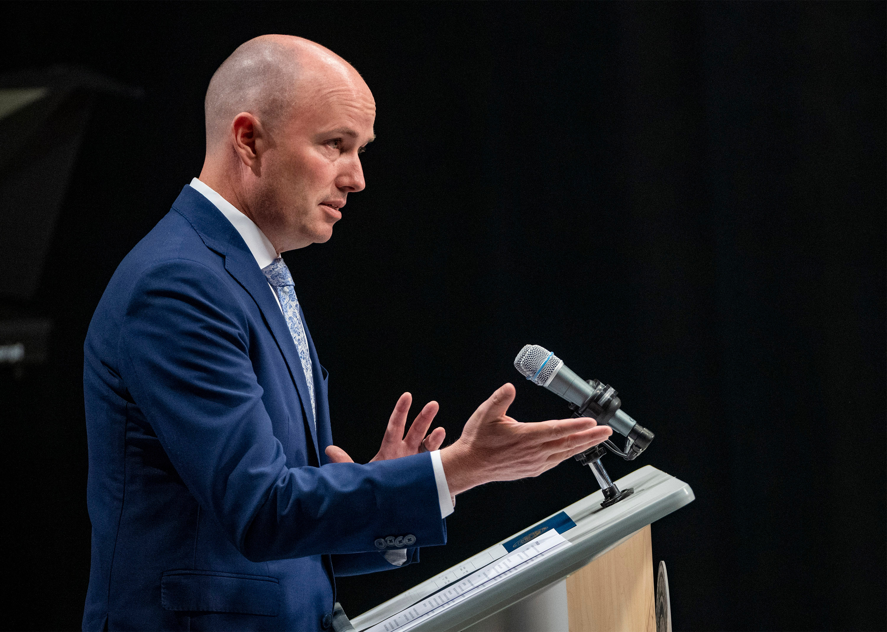 Gov. Spencer Cox answers questions during his monthly news conference at the the Eccles Broadcast Center in Salt Lake City on Thursday.