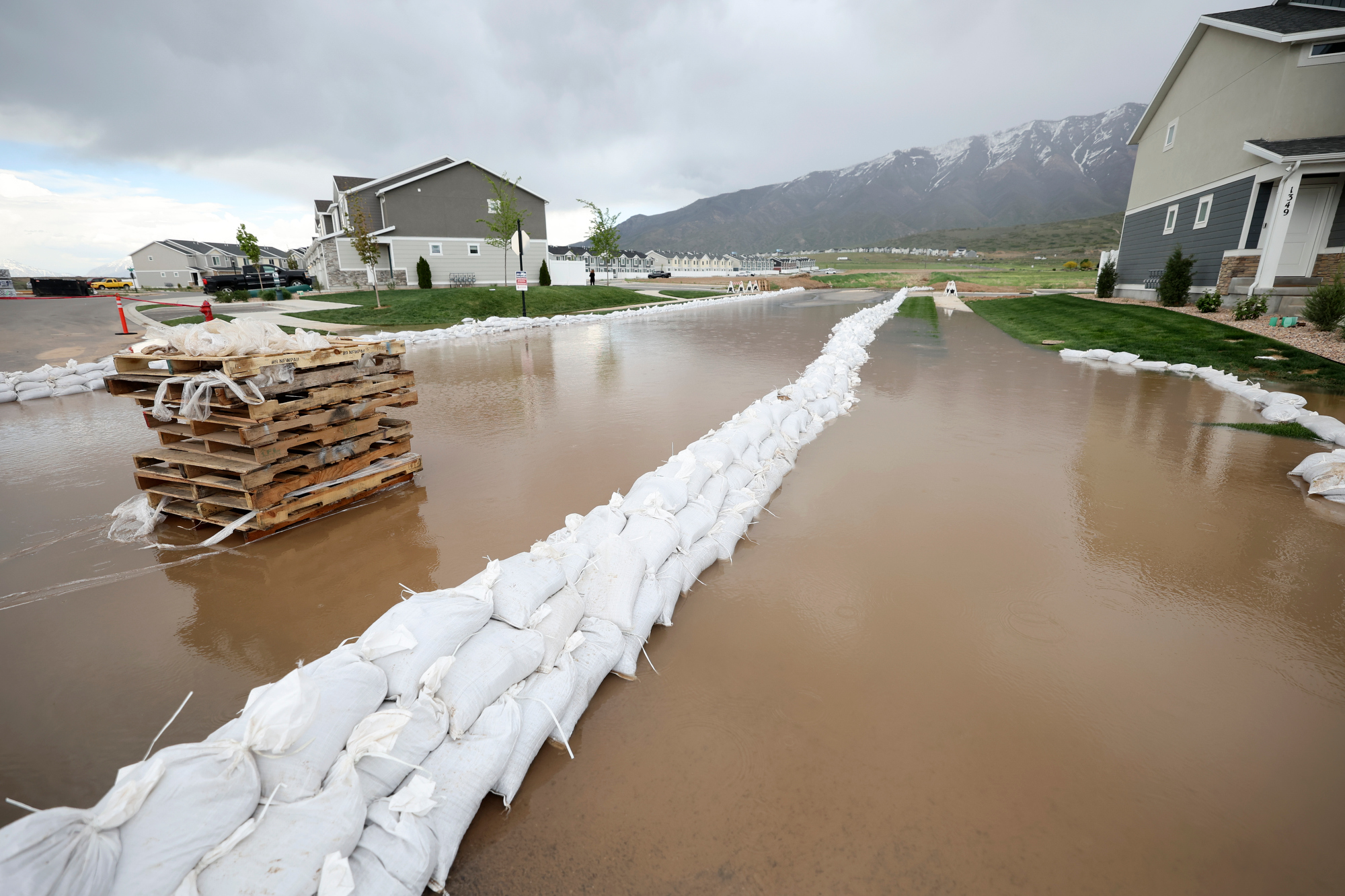 Sandbags are set up to contain flooding in Santaquin on Wednesday.