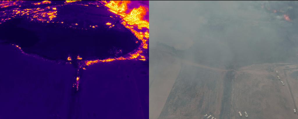 A comparison of overhead views taken by a Santa Clara-Ivins Fire and Rescue drone shows an infrared heat view, left, of the Waters Edge Fire and what the scene looked like in normal, visible light, Washington City, Washington County, on May 9.