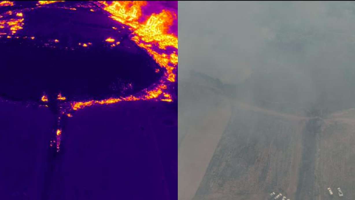A comparison of overhead views taken by a Santa Clara-Ivins Fire and Rescue drone shows an infrared heat view, left, of the Waters Edge Fire and what the scene looked like in normal, visible light, Washington City, Washington County, on May 9.