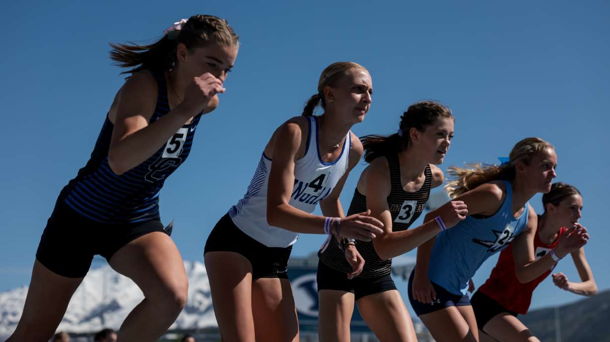 Runners start off in the 6A girls 3,200-meter finals at the Utah high school track and field championships at BYU in Provo on Thursday, May 18, 2023.