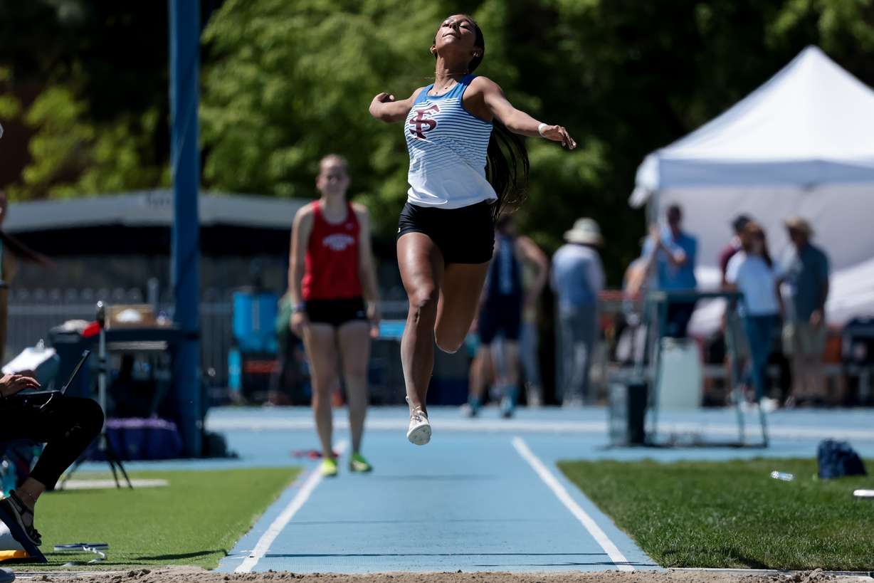 Fremont’s Amare Harlan competes in long jump at the Utah high school track and field championships at BYU in Provo on Thursday, May 18, 2023.
