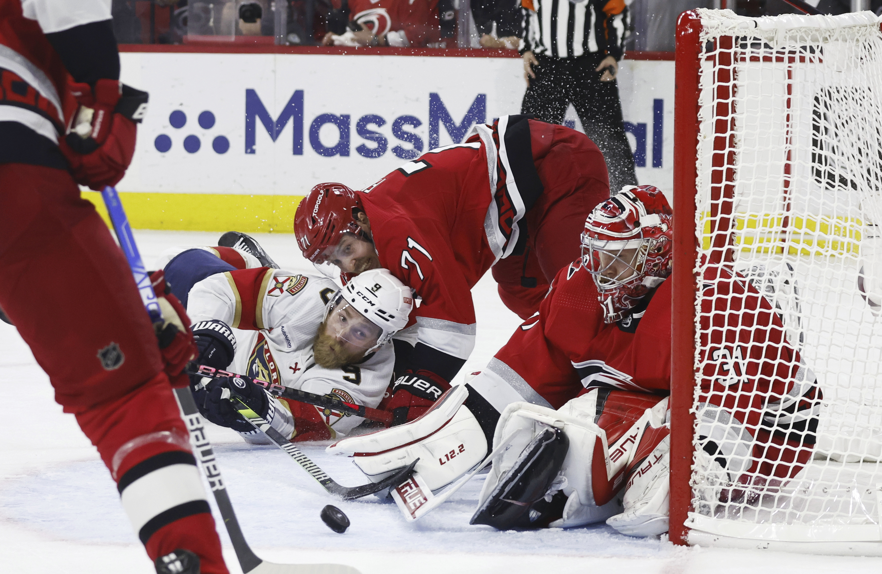 Florida Panthers' Sam Bennett (9) tries to shoot on Carolina Hurricanes goalie Frederik Andersen (31) during the second overtime in Game 1 of the NHL hockey Stanley Cup Eastern Conference finals, early Friday, May 19, 2023, in Raleigh, N.C. 