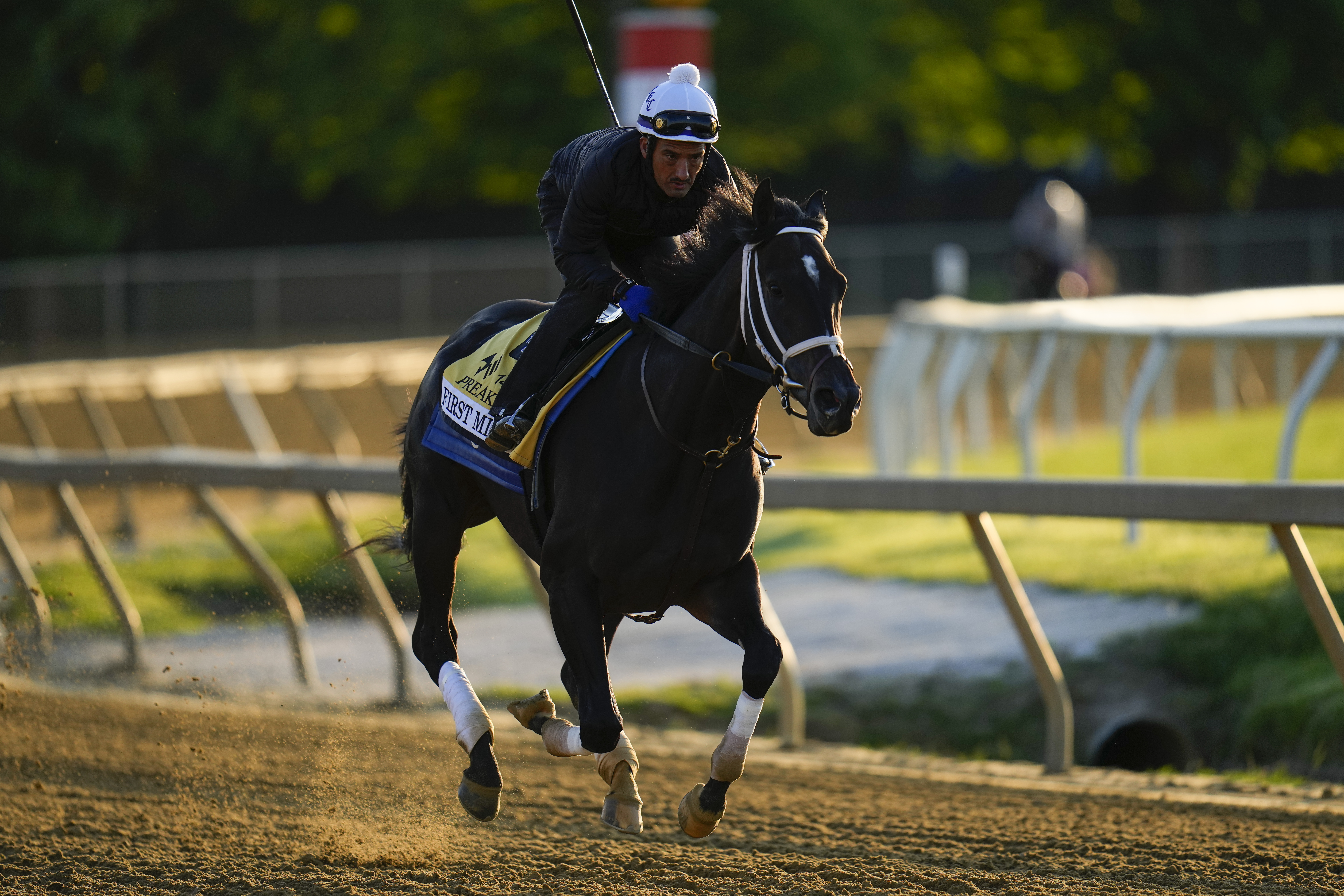 Preakness Stakes entrant First Mission works out ahead of the 148th running of the Preakness Stakes horse race at Pimlico Race Course, Thursday, May 18, 2023, in Baltimore. 
