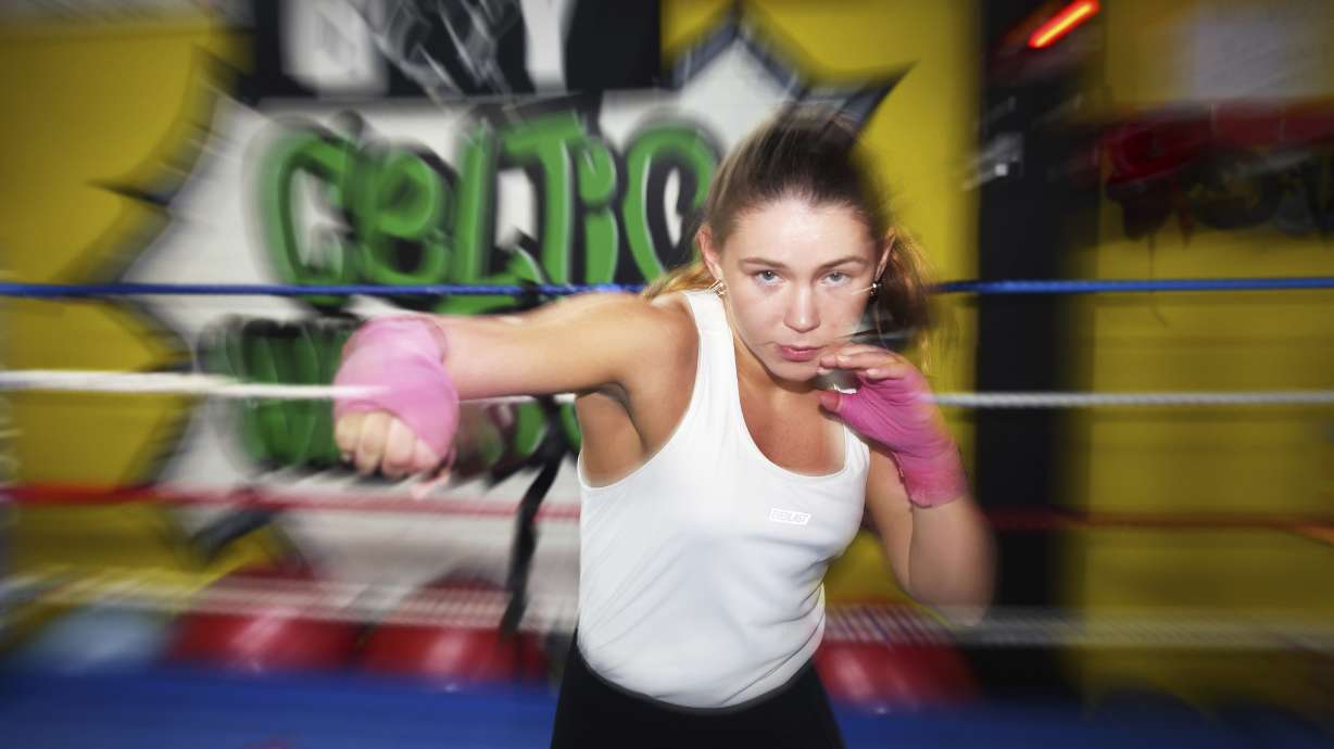 Boxer Kaci Rock, under-22 national champion in the welterweight division, trains in the Celtic Warrior boxing club in Dublin, Ireland, Thursday, May 18, 2023. Katie Taylor’s success has been paving the way for young Irish fighters like Rock, as women’s boxing gains popularity around the world.